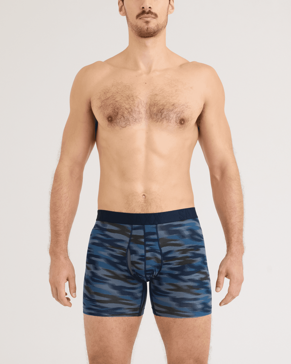 Front - Model wearing DropTemp Cooling Cotton Boxer Brief 3 Pack in Swift Camo/Dark Ink/Black