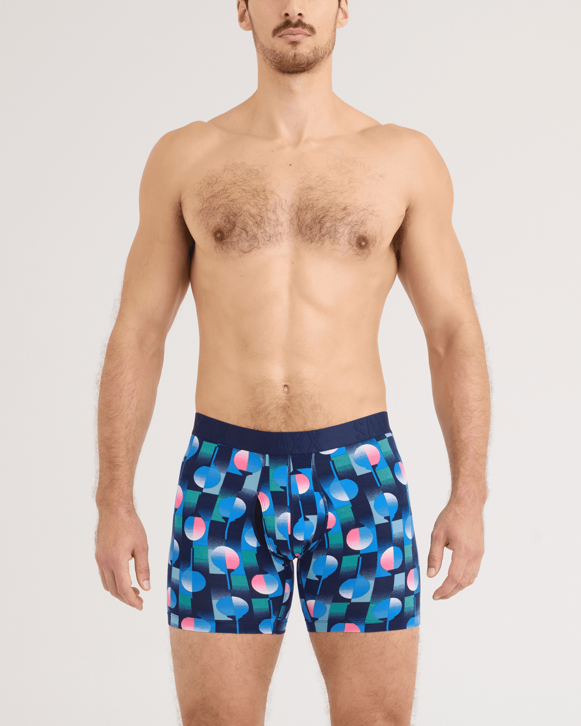 Back - Model wearing DropTemp Cooling Cotton Boxer Brief in Tee Up-Maritime Blue