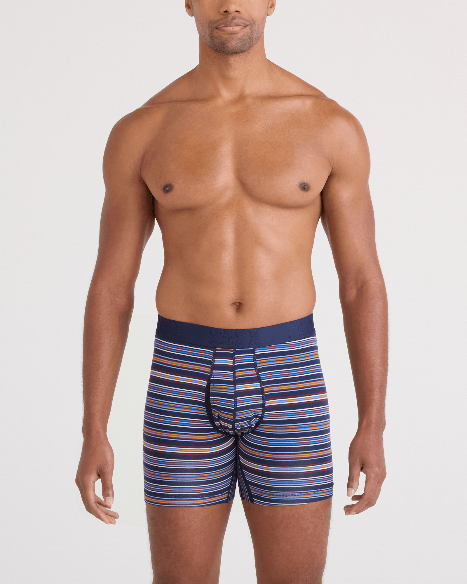 Front - Model wearing Droptemp Cooling Cotton Boxer Brief Fly in Vivid Stripe