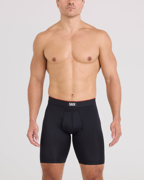 Front - Model wearing Multi-Sport Mesh Long Boxer Brief Fly in Black
