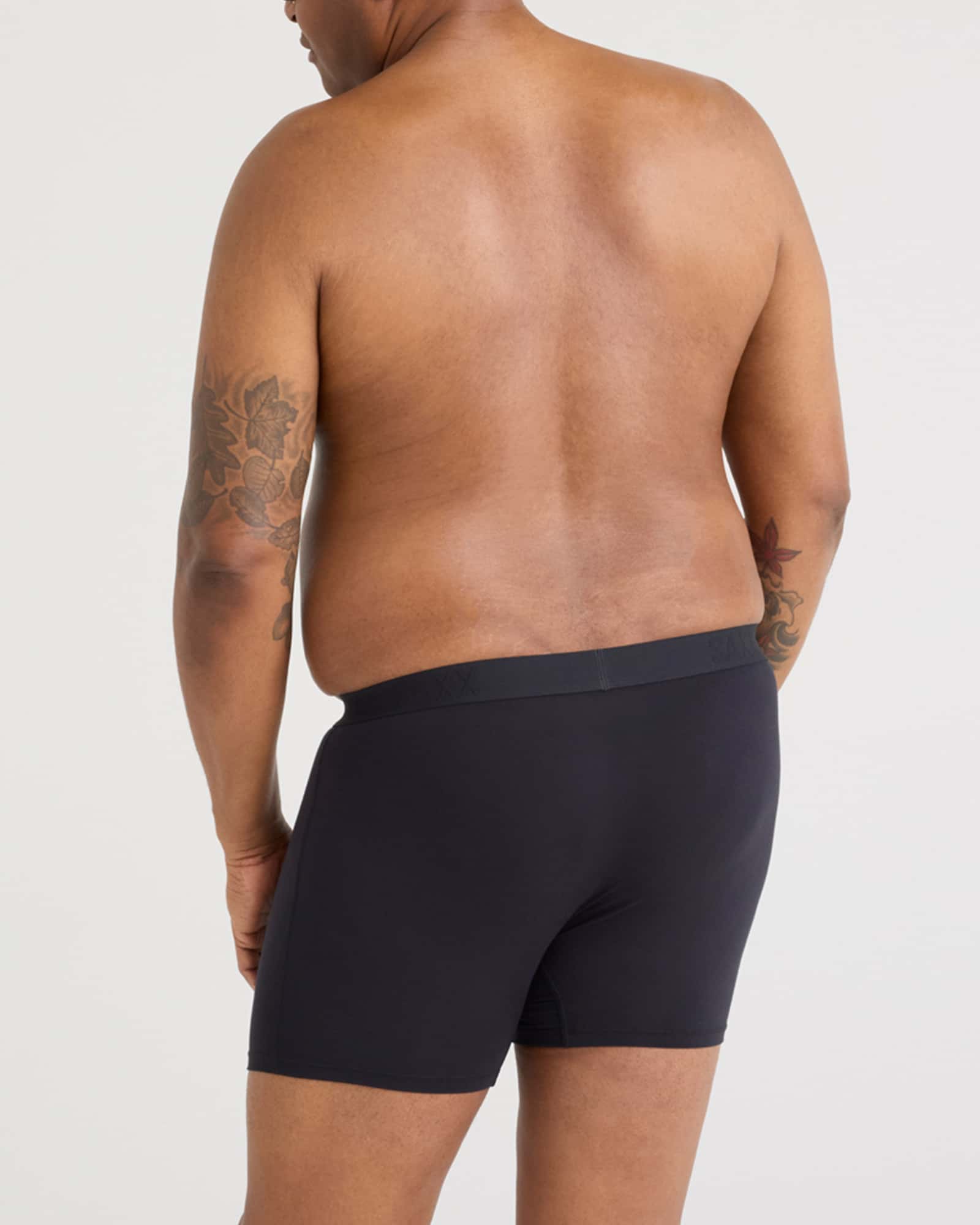 Back - Model wearing Vibe Super Soft Boxer Brief in Black/Black