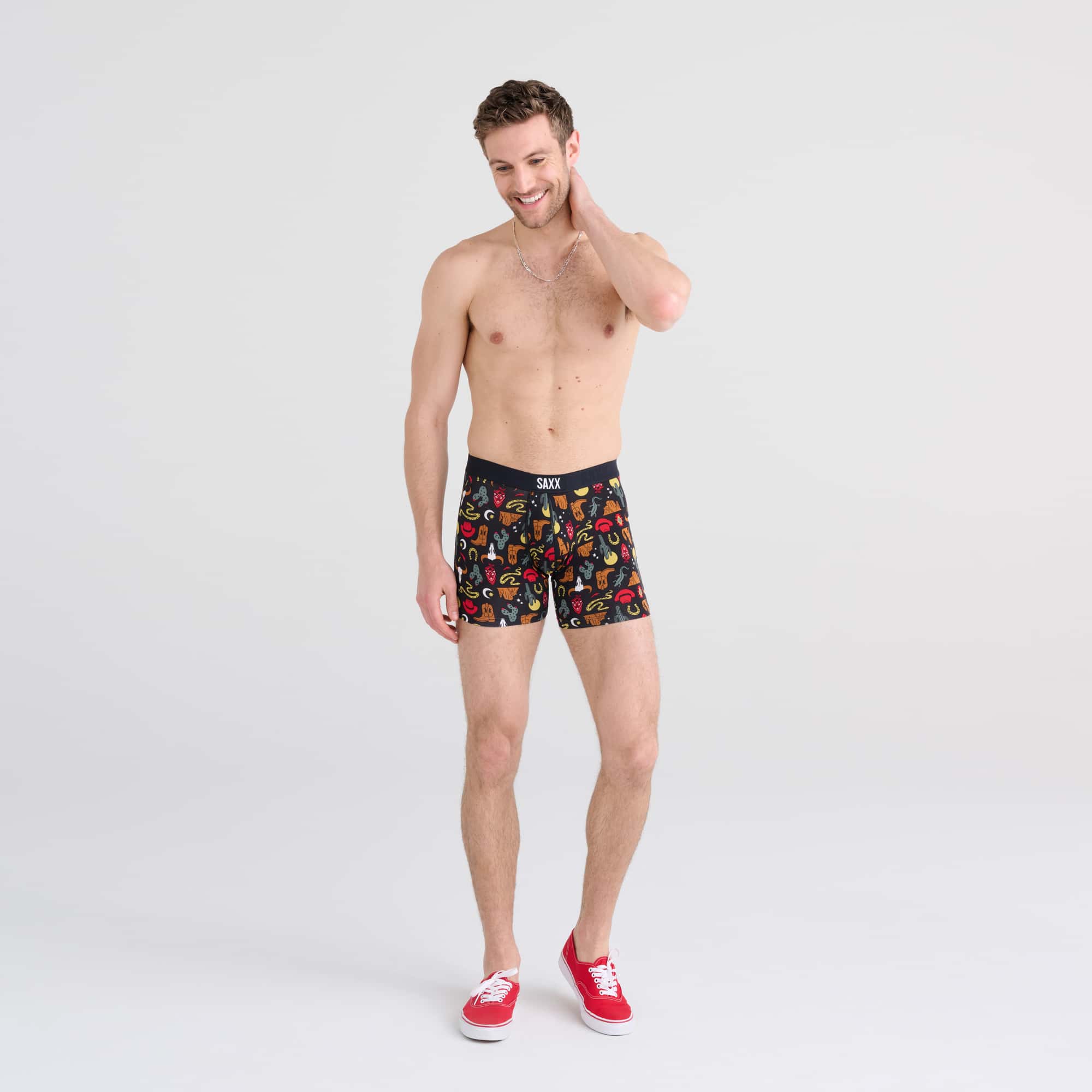 Front - Model wearing Vibe Boxer Brief in Desert Daze- Faded Black