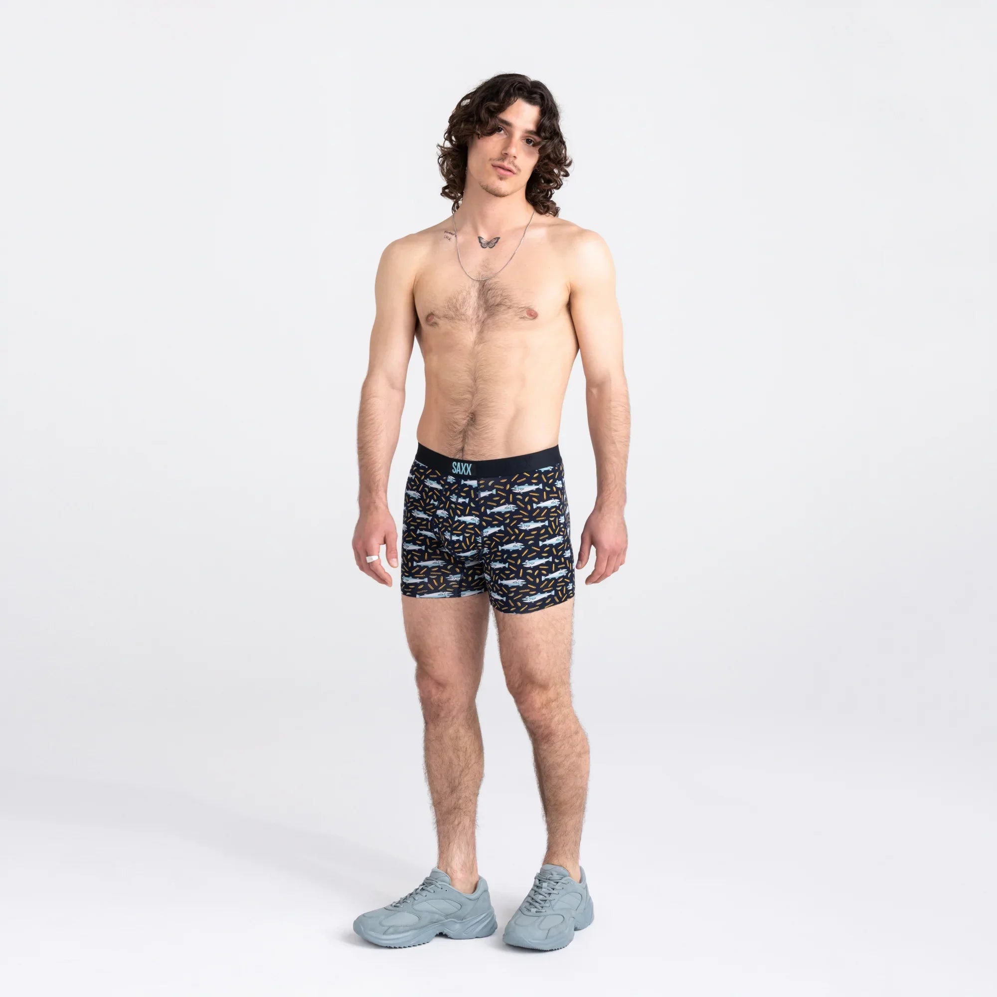 Front - Model wearing Vibe Super Soft Boxer Brief in Fish & Chips- Navy