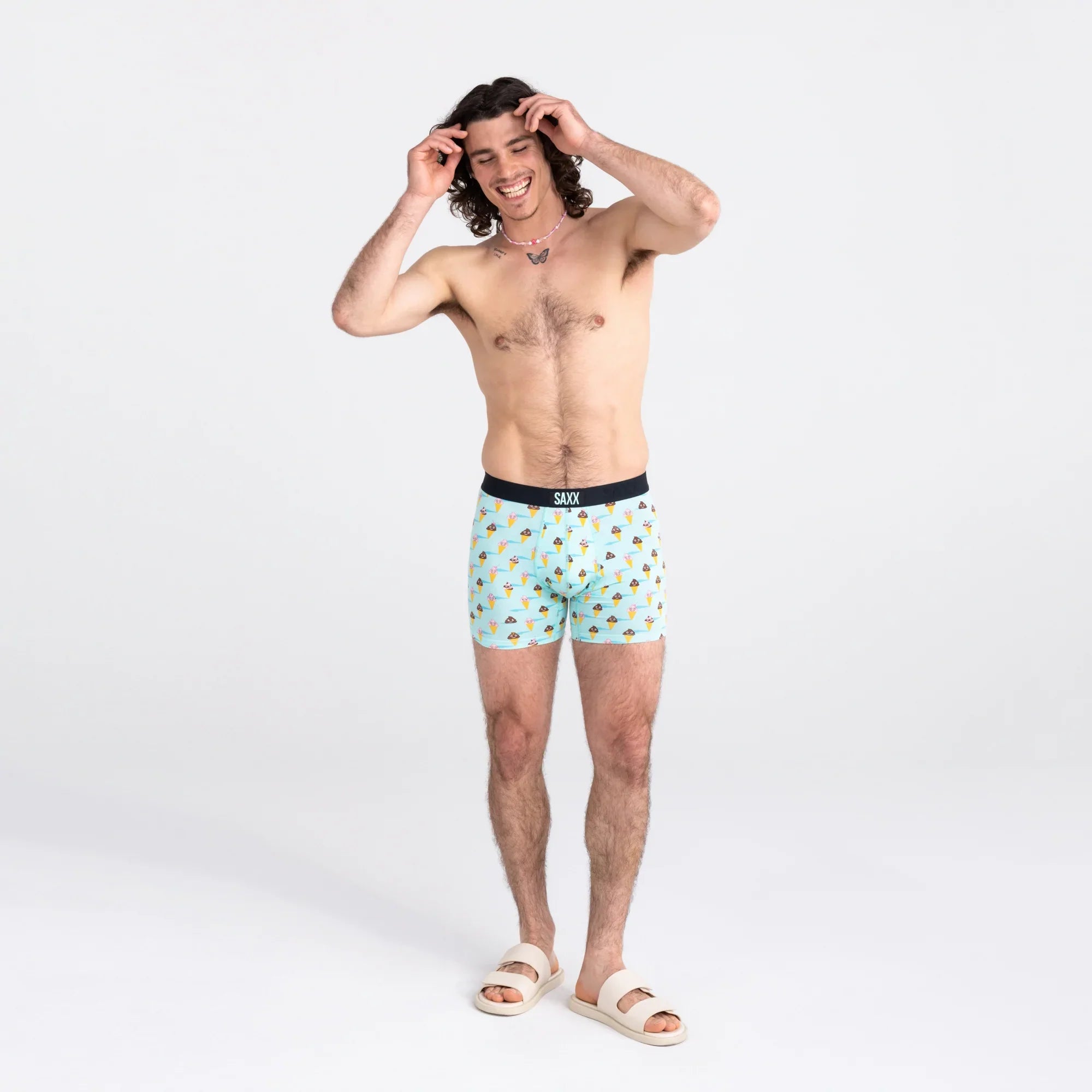 Front - Model wearing Vibe Super Soft Boxer Brief in Ice Cream Surprise- Aqua