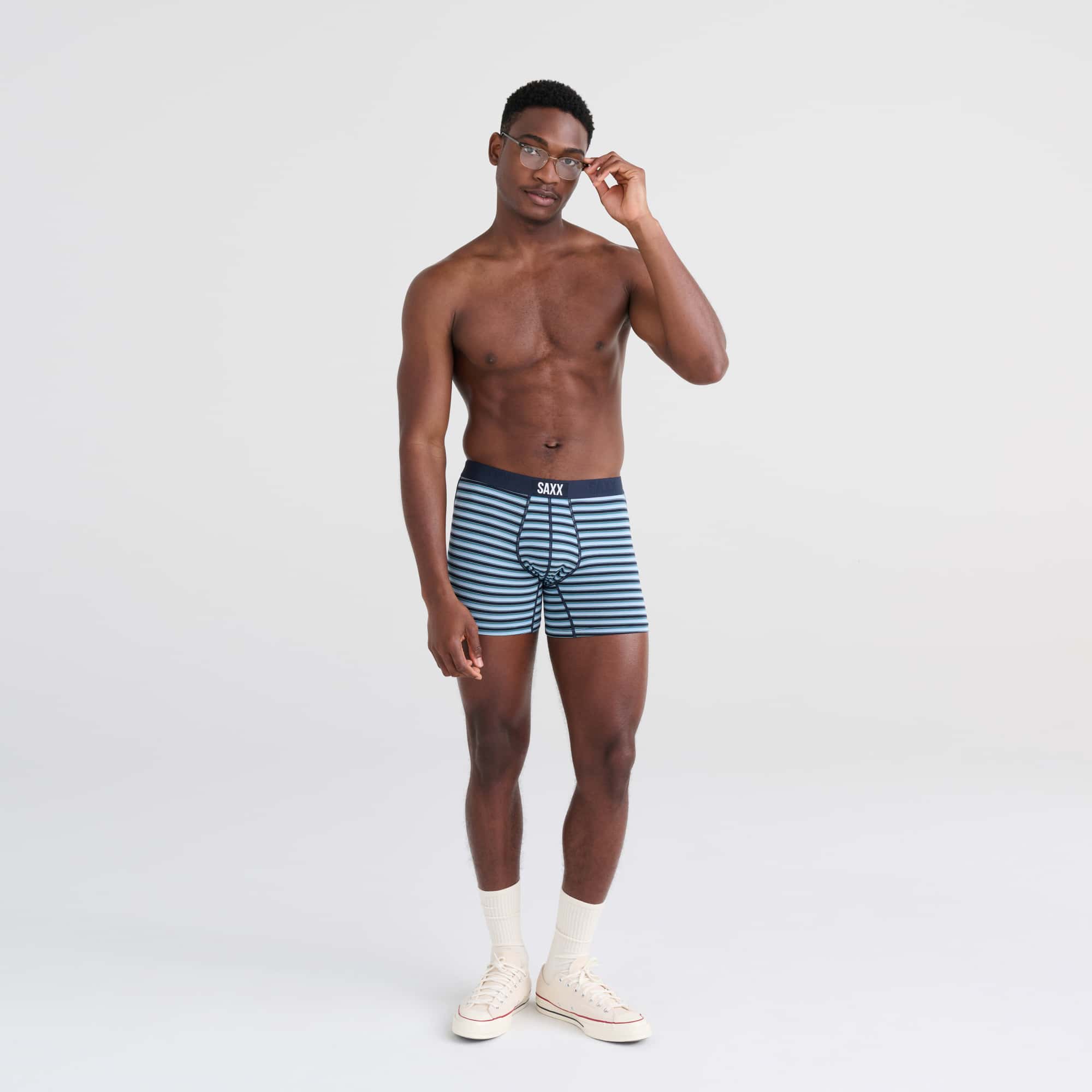 Front - Model wearing Vibe Boxer Brief in Micro Field Stripe-Dark Ink