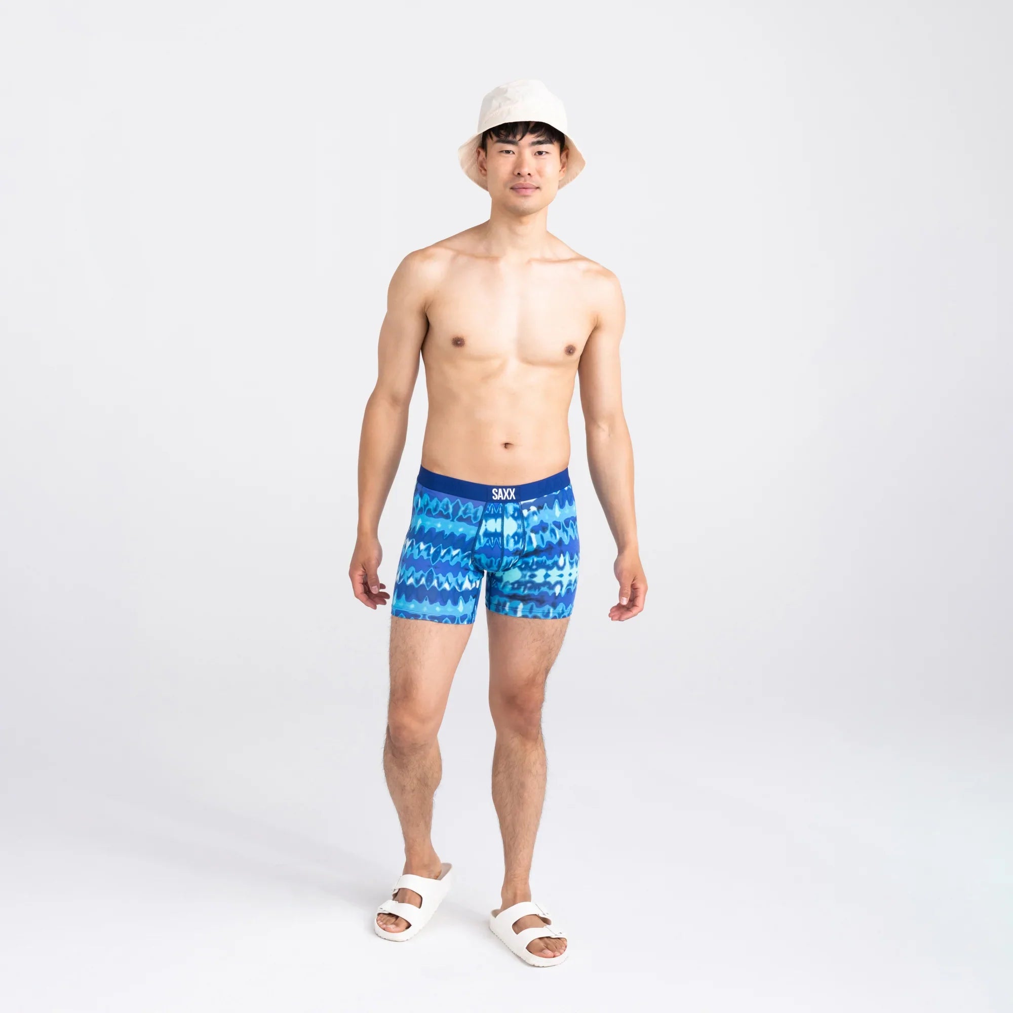 Front - Model wearing Vibe Super Soft Boxer Brief 2 Pack in Optic Tie Dye/Navy Tile