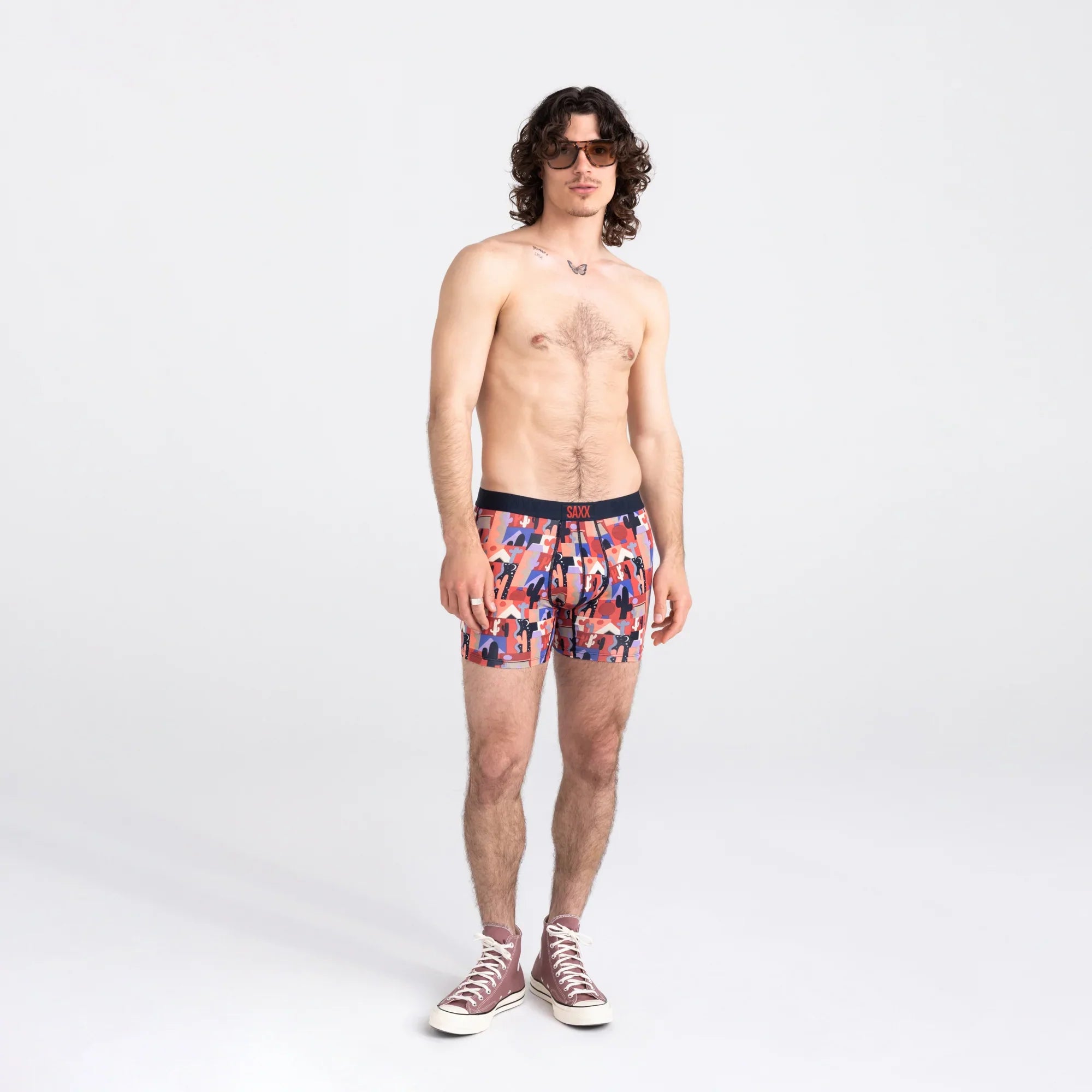 Front - Model wearing Vibe Super Soft Boxer Brief in Painted Desert- Multi