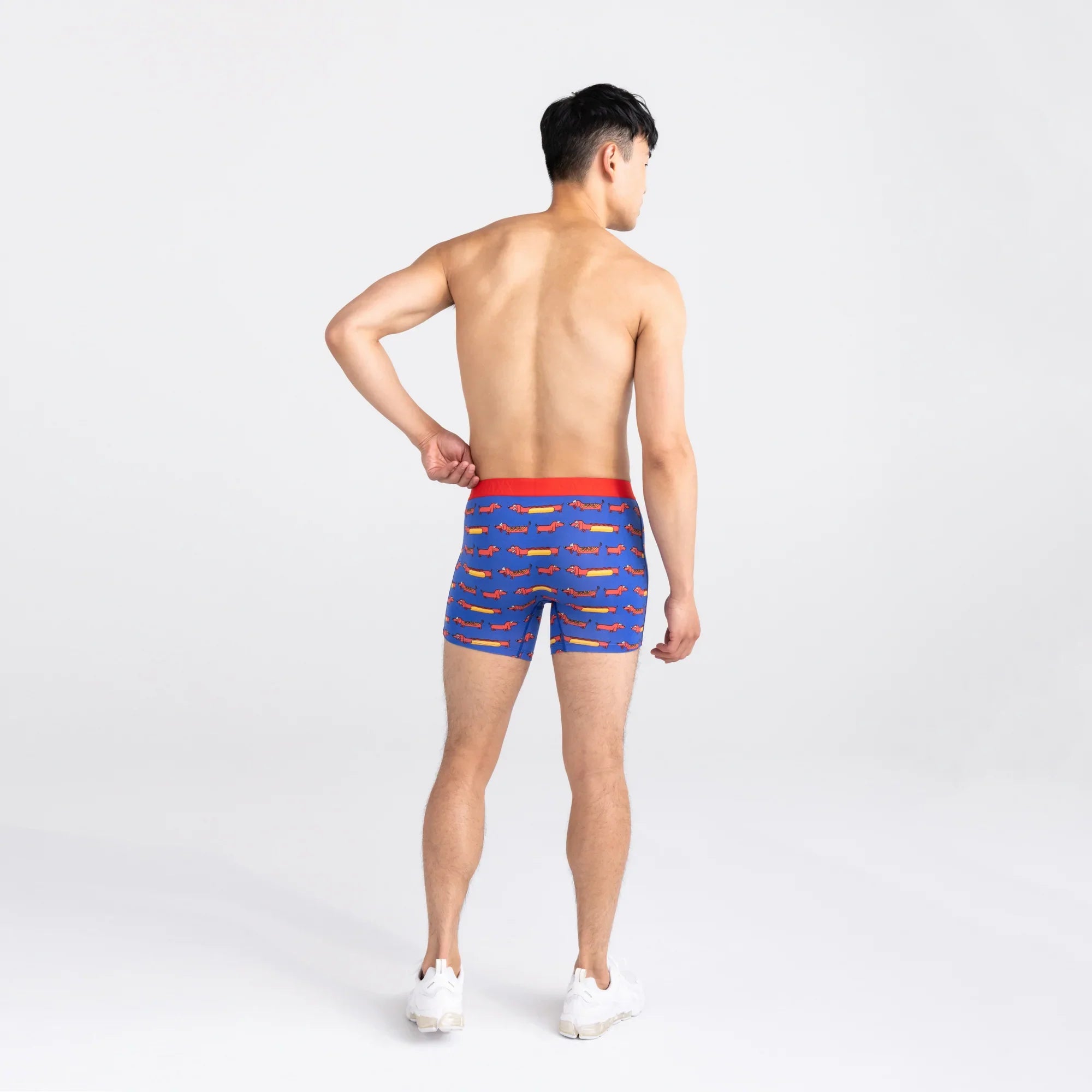 Back - Model wearing Vibe Super Soft Boxer Brief 2 Pack in Weiner Dog/Black