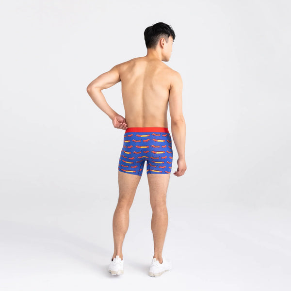Back - Model wearing Vibe Super Soft Boxer Brief 2 Pack in Weiner Dog/Black