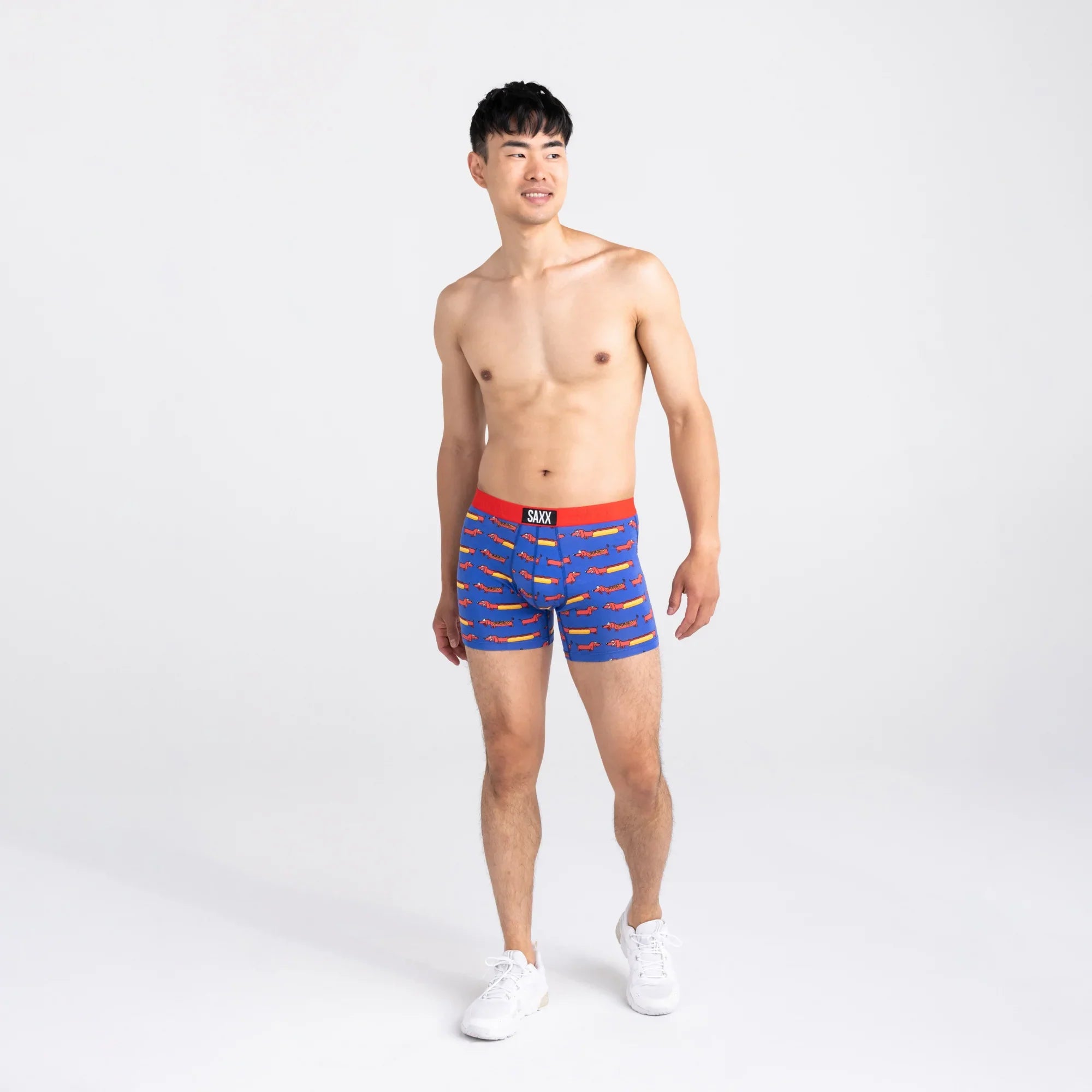 Front - Model wearing Vibe Super Soft Boxer Brief 2 Pack in Weiner Dog/Black