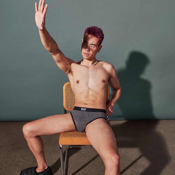 Model posing in Ultra Brief Fly in Salt & Pepper