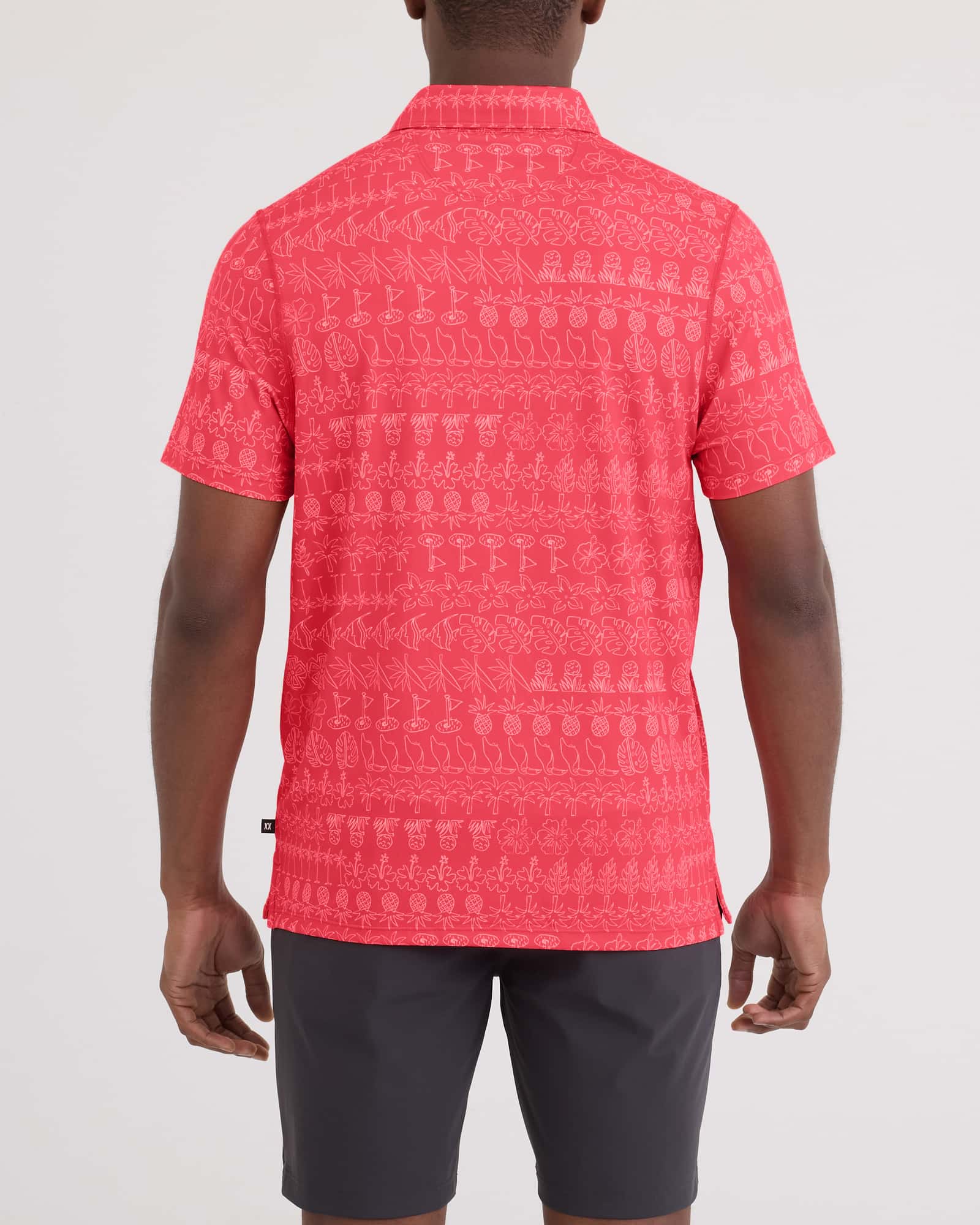 Back - Model wearing Droptemp All Day Cooling Polo in Island Tee Up-Gumball