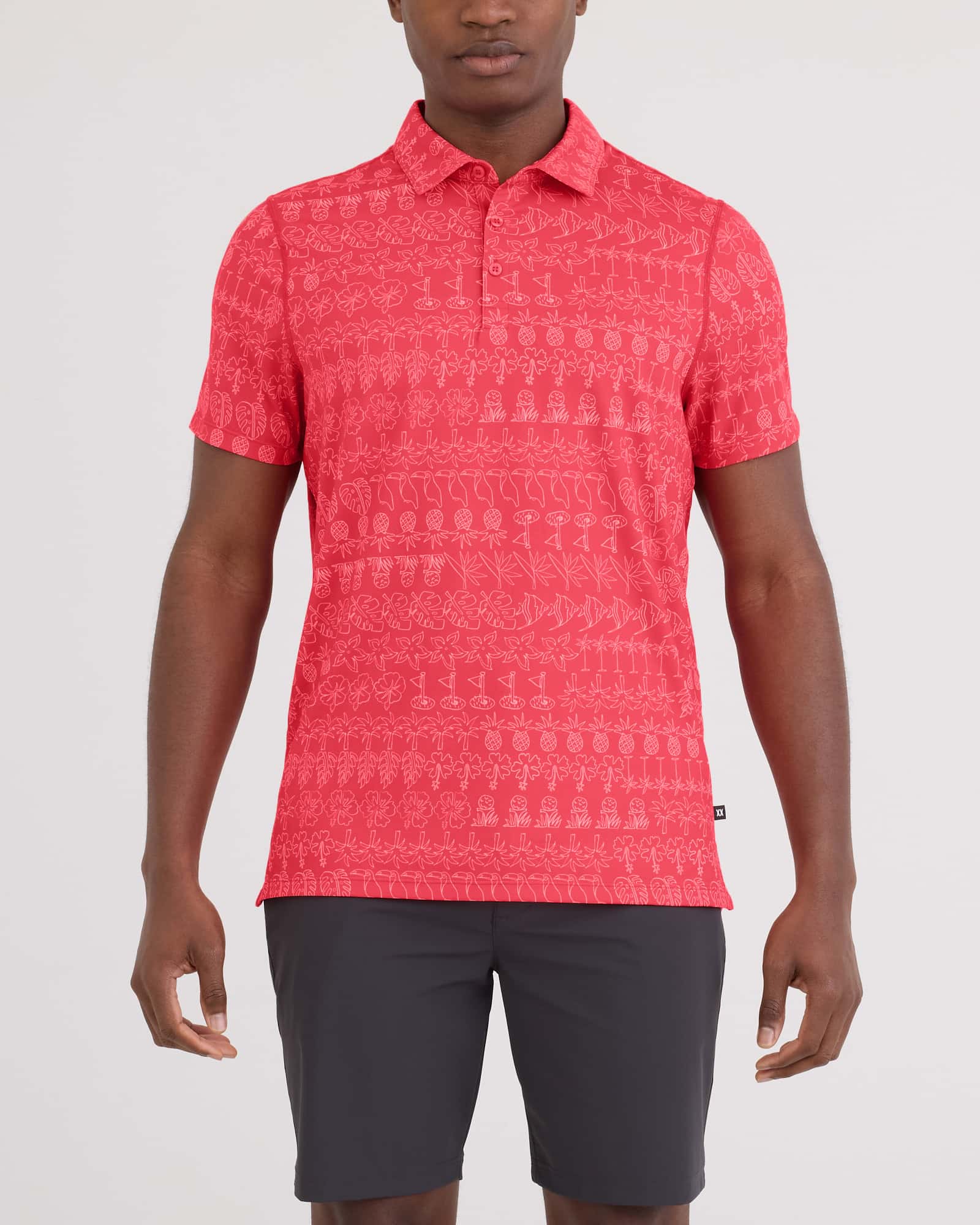 Front - Model wearing Droptemp All Day Cooling Polo in Island Tee Up-Gumball