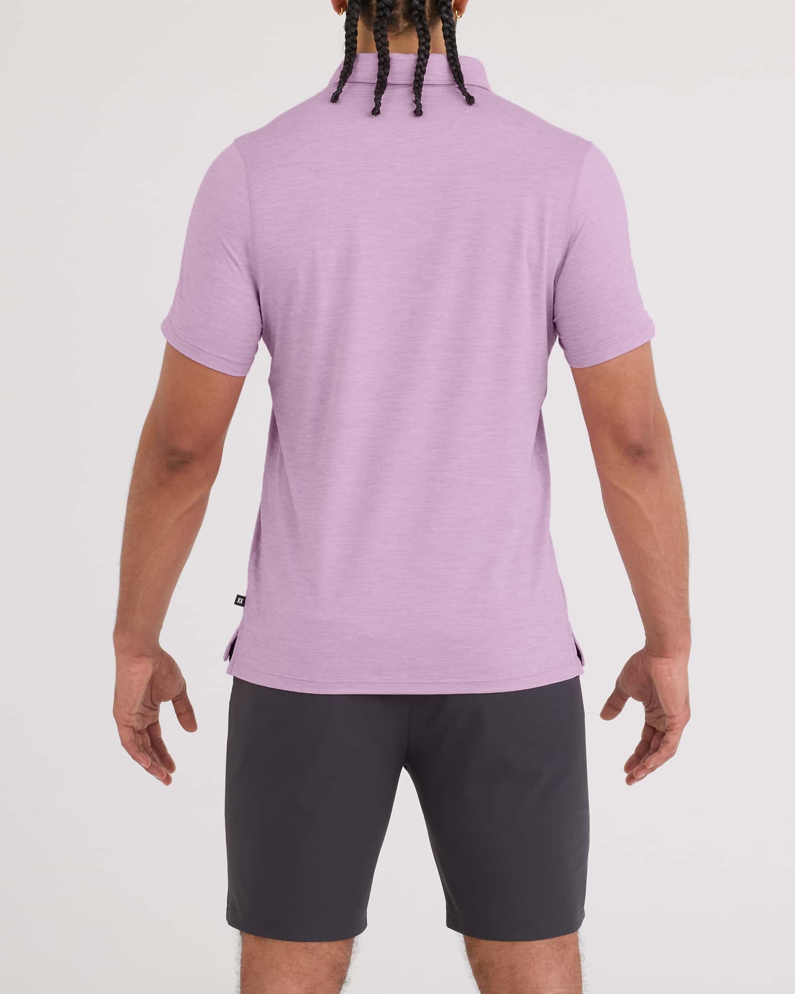 Back - Model wearing Droptemp All Day Cooling Polo in Purple Heather