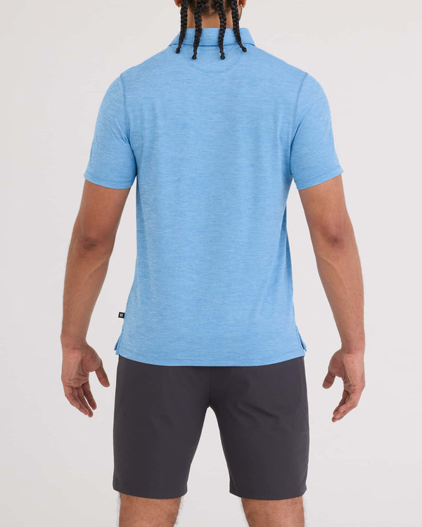 Back - Model wearing Droptemp All Day Cooling Polo in Tranquil Blue Heather