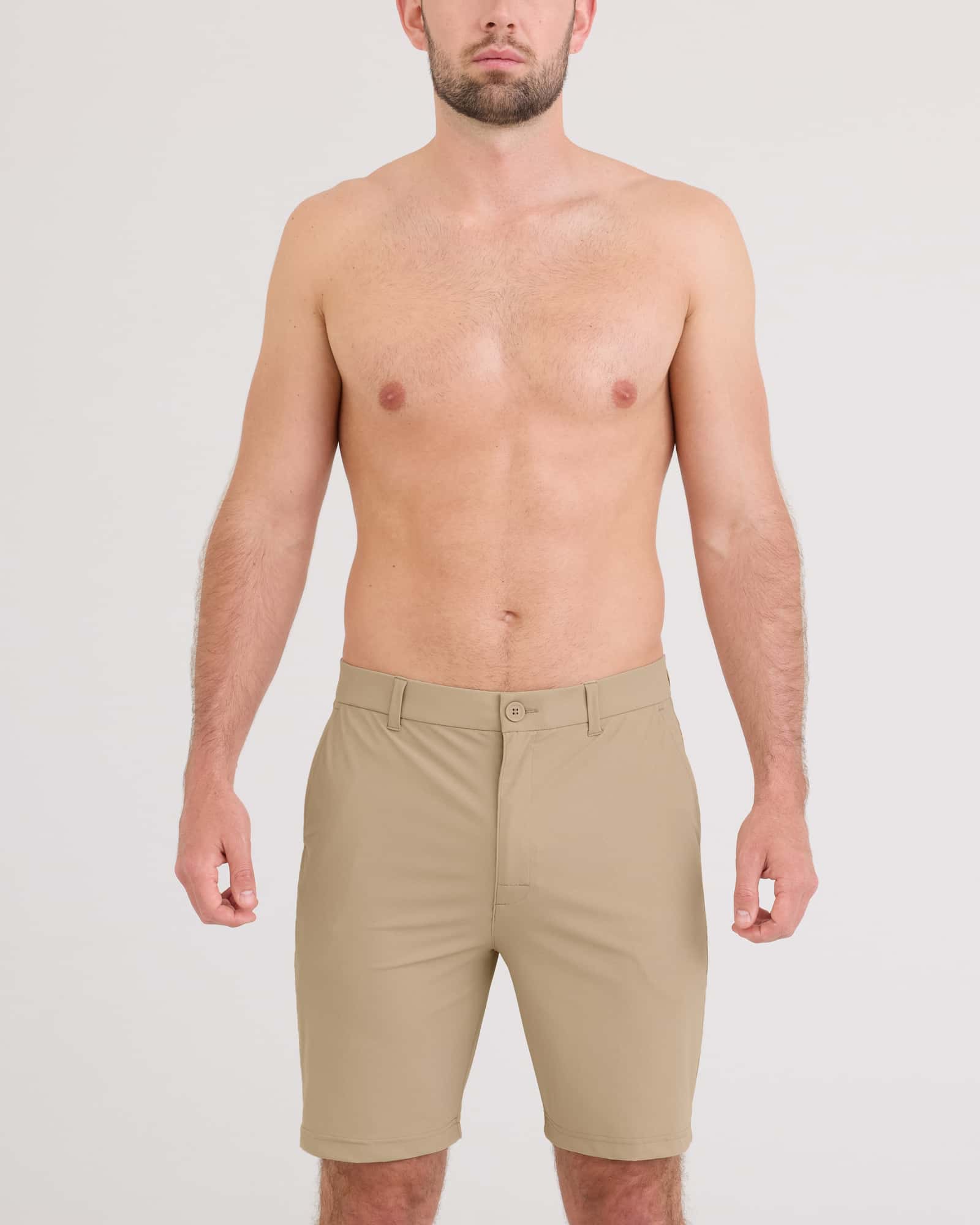 Front - Model wearing Caddie Short 8" in The Perfect Khaki