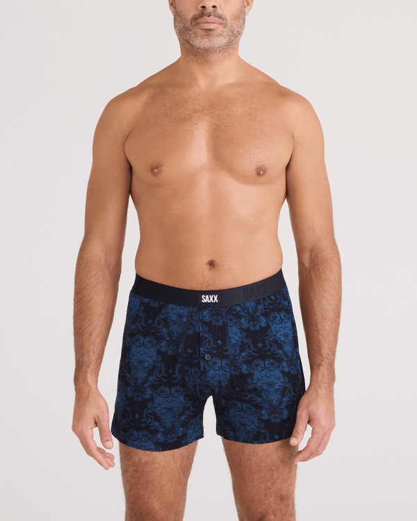 Front - Model wearing  Snooze Sleep Boxer Short in Bear Brocade-Dark Denim