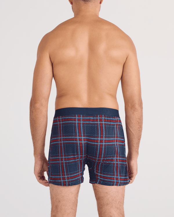 Back - Model wearing  Snooze Sleep Boxer Short in Jazzy Plaid-Maritime
