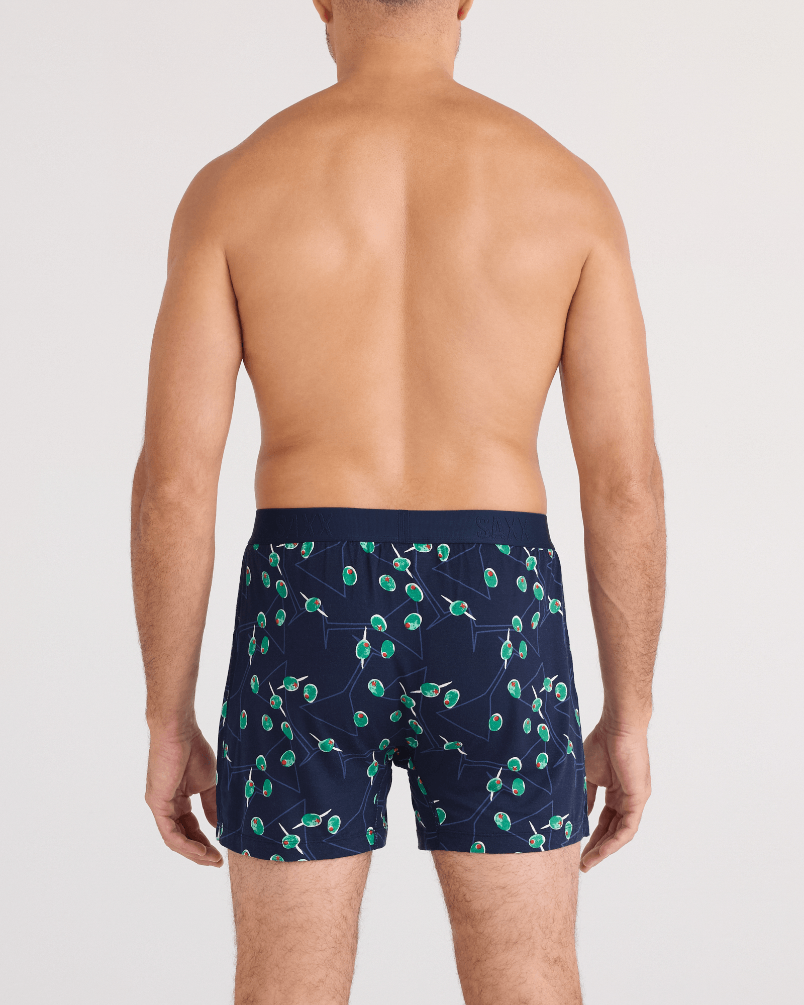 Back - Model wearing  Snooze Sleep Boxer Short in Olive You-Maritime