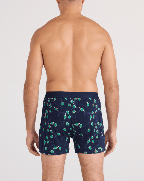 Back - Model wearing  Snooze Sleep Boxer Short in Olive You-Maritime