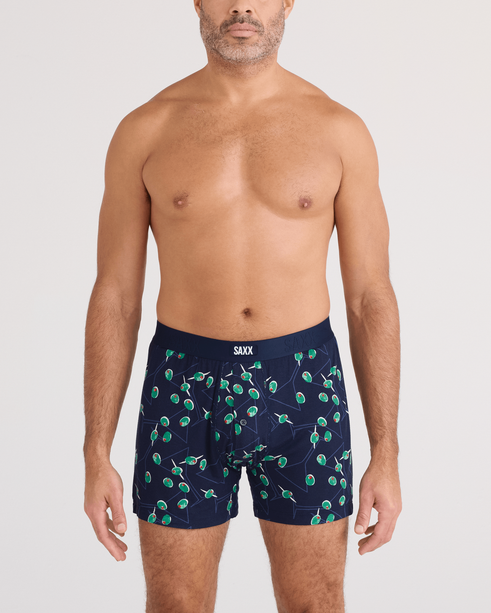Front - Model wearing  Snooze Sleep Boxer Short in Olive You-Maritime
