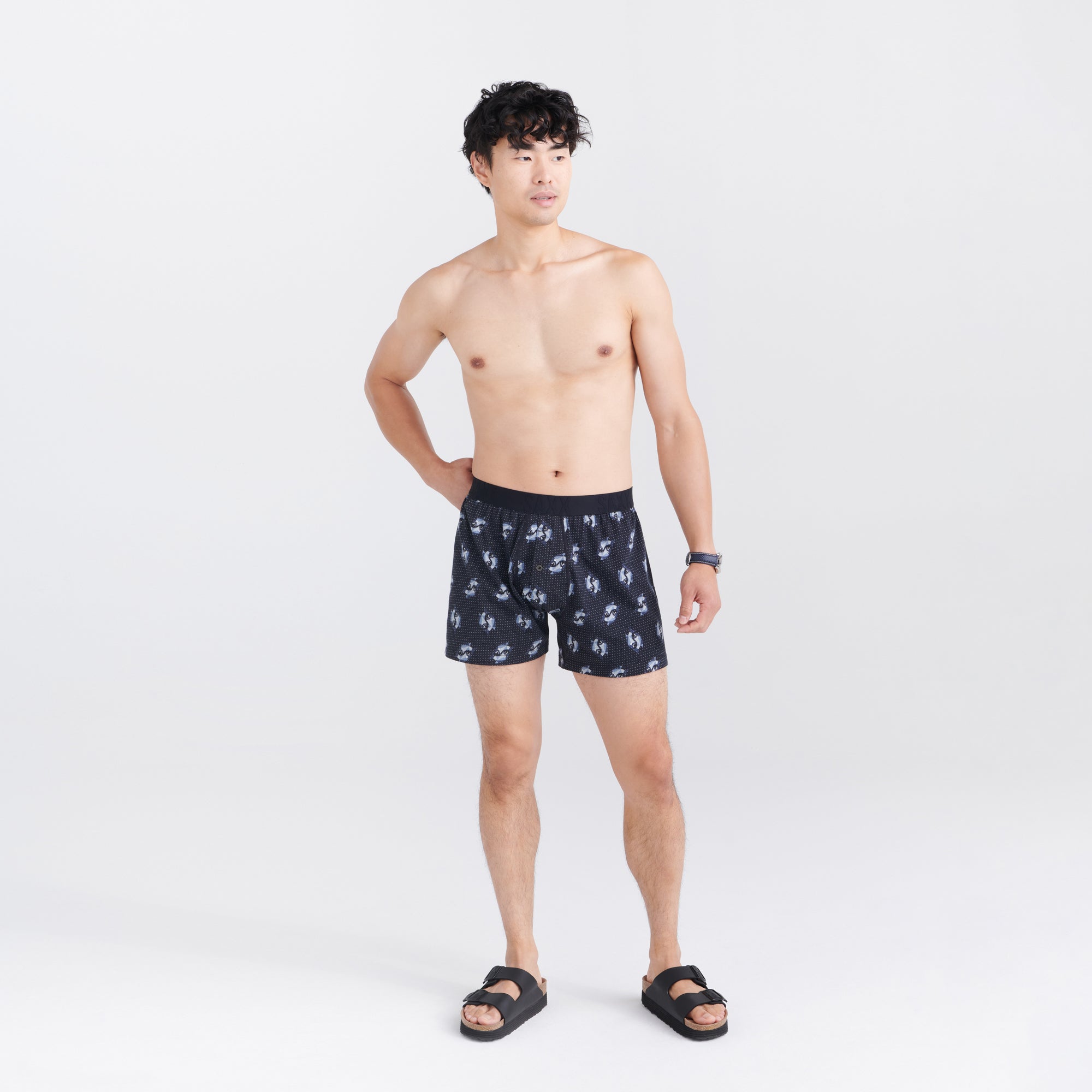 Front - Model wearing Droptemp Cooling Sleep Loose Boxer Fly in Angler Wrangler- Black