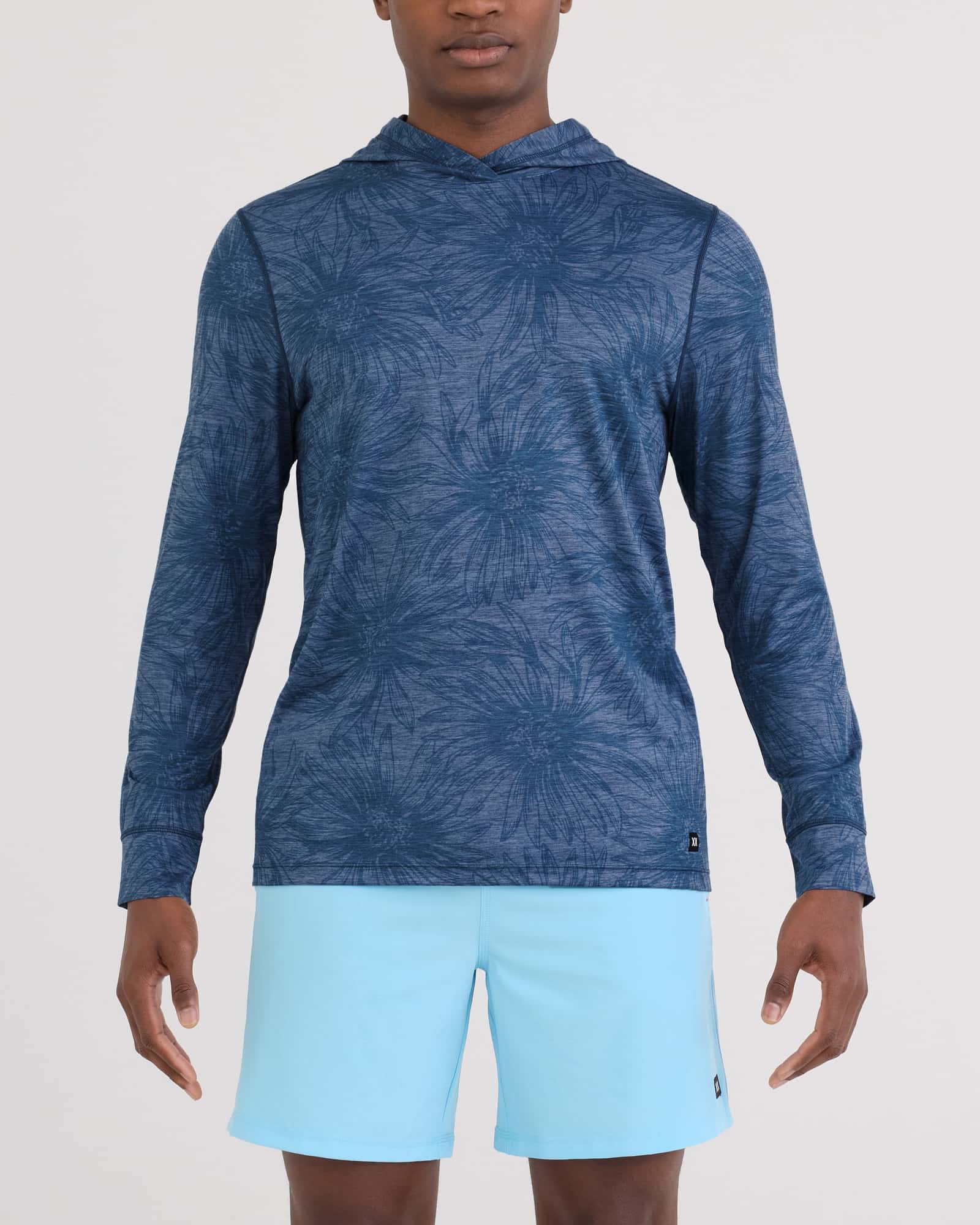 Front - Model wearing Droptemp All Day Cooling Hoodie in Big Daisy-Denim Heather