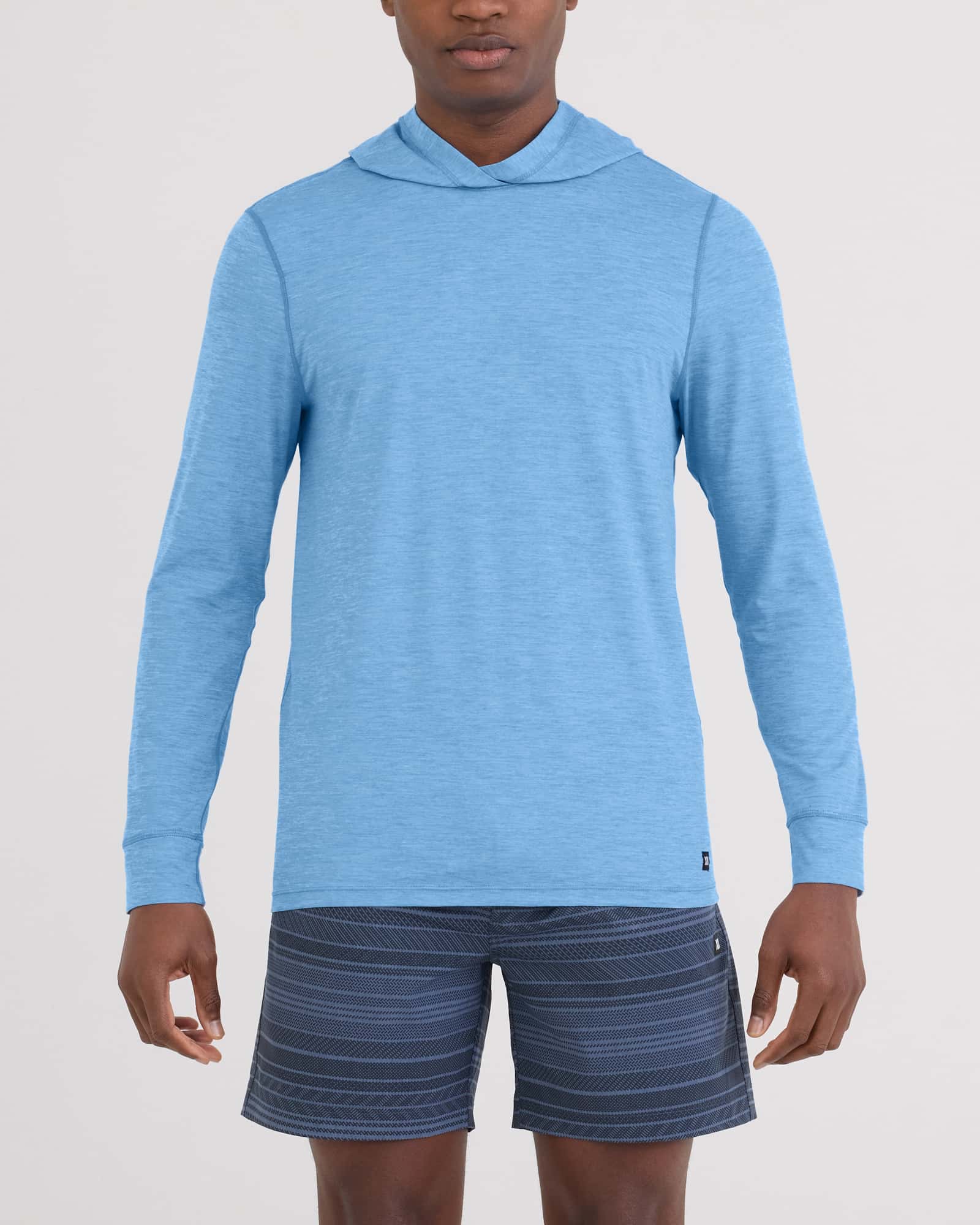 Front - Model wearing Droptemp All Day Cooling Hoodie in Tranquil Blue Heather