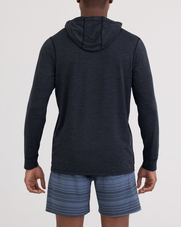 Back - Model wearing Droptemp All Day Cooling Hoodie in Turbulence Heather