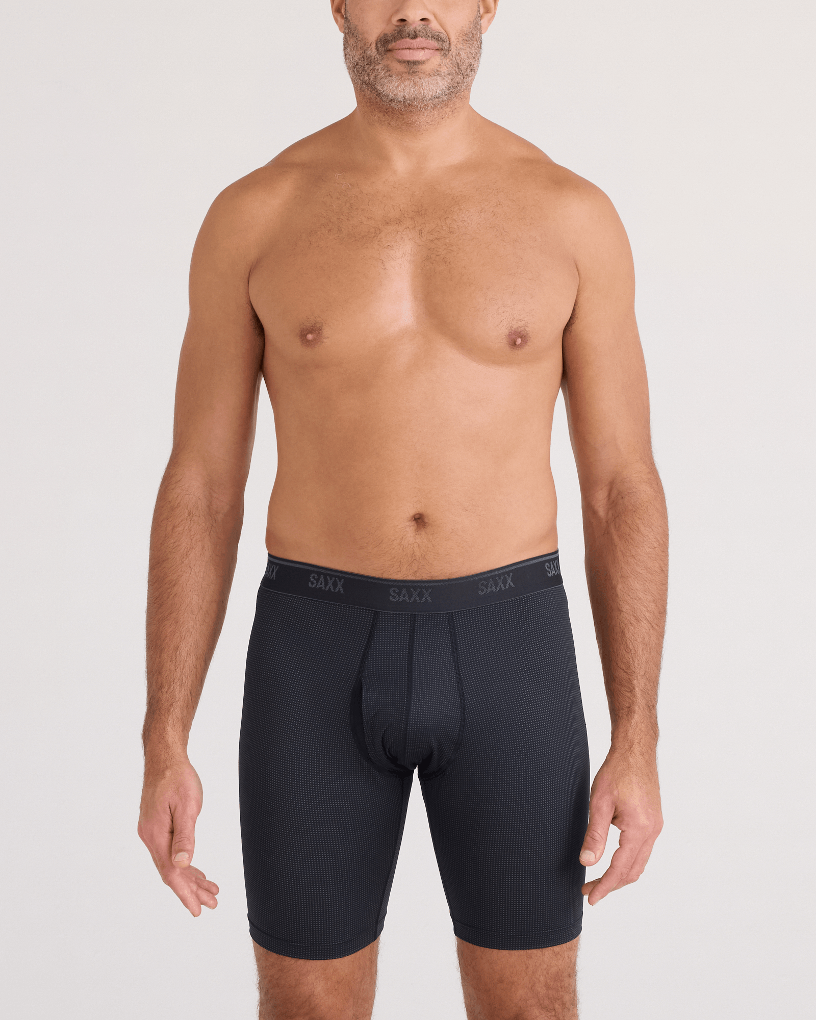 Front - Model wearing  Quest Quick-Dry Mesh Long Boxer Brief Fly in Black
