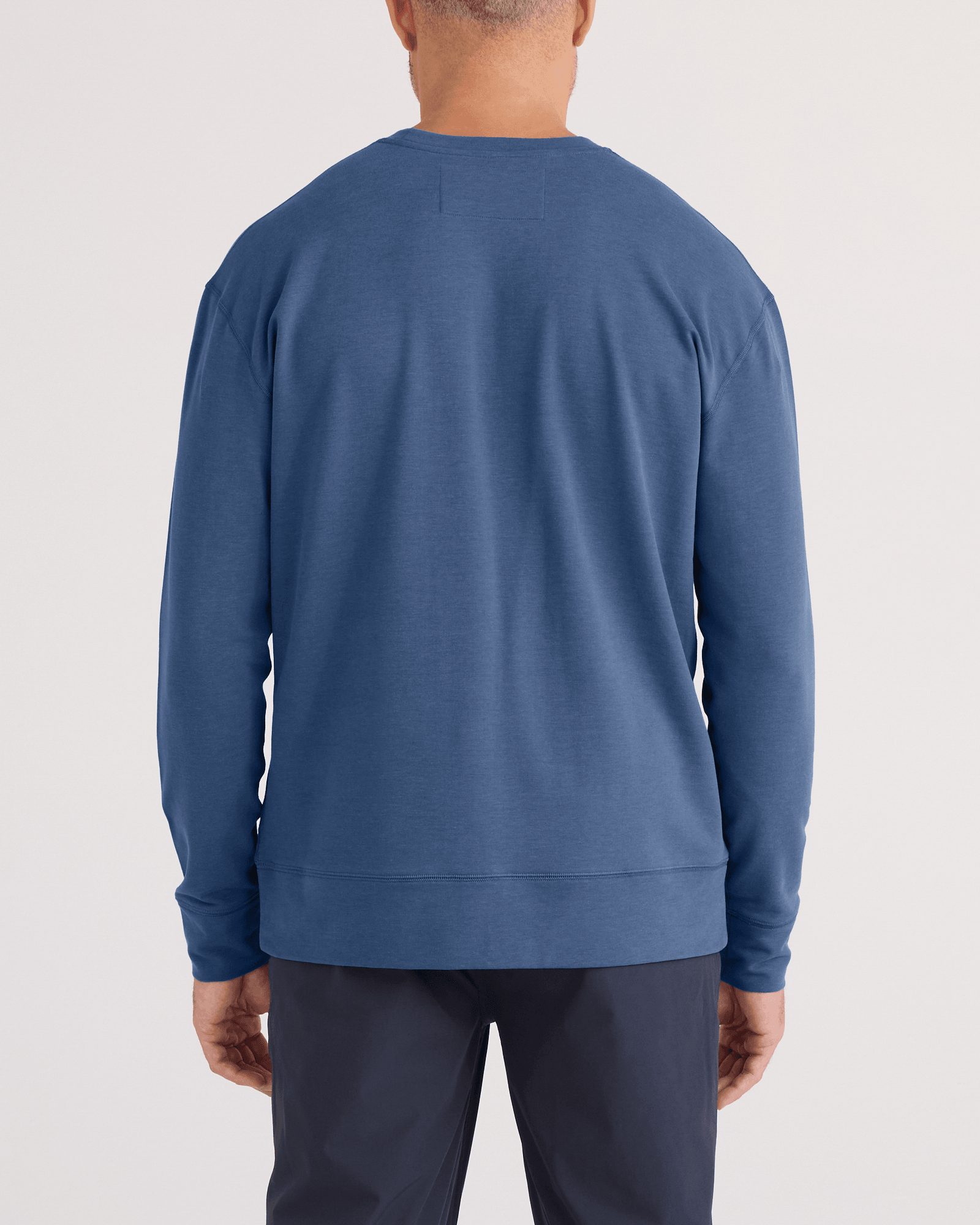 Back - Model wearing  3Six Five Long Sleeve Crew in Washed Indigo
