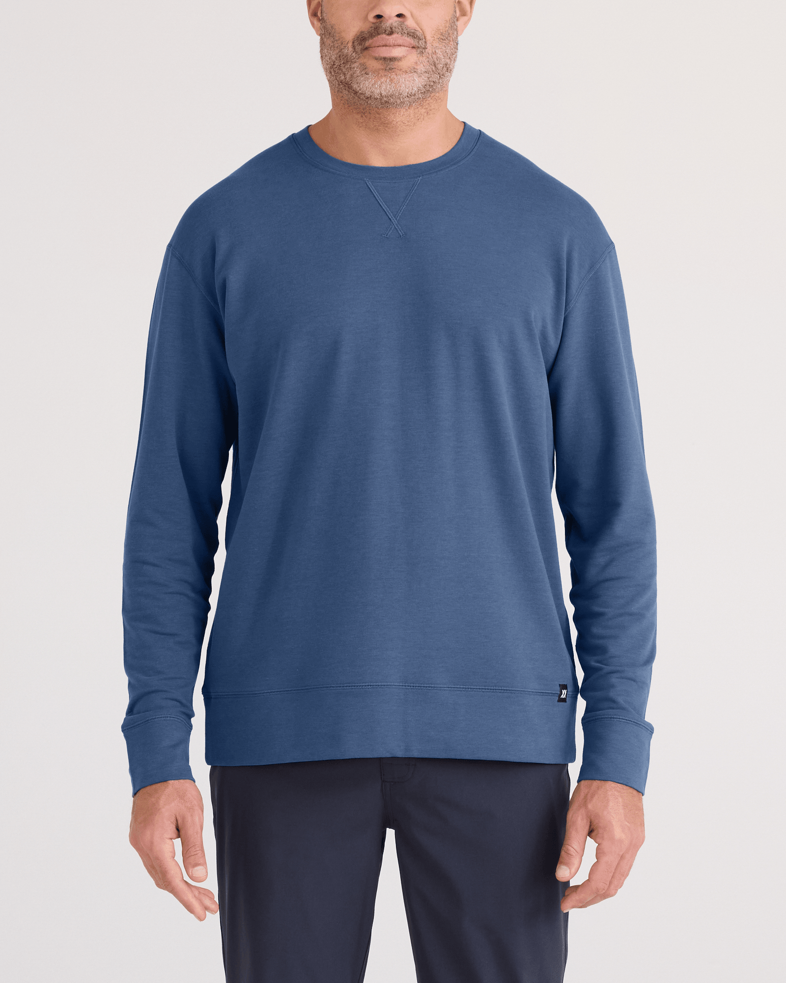Front - Model wearing  3Six Five Long Sleeve Crew in Washed Indigo