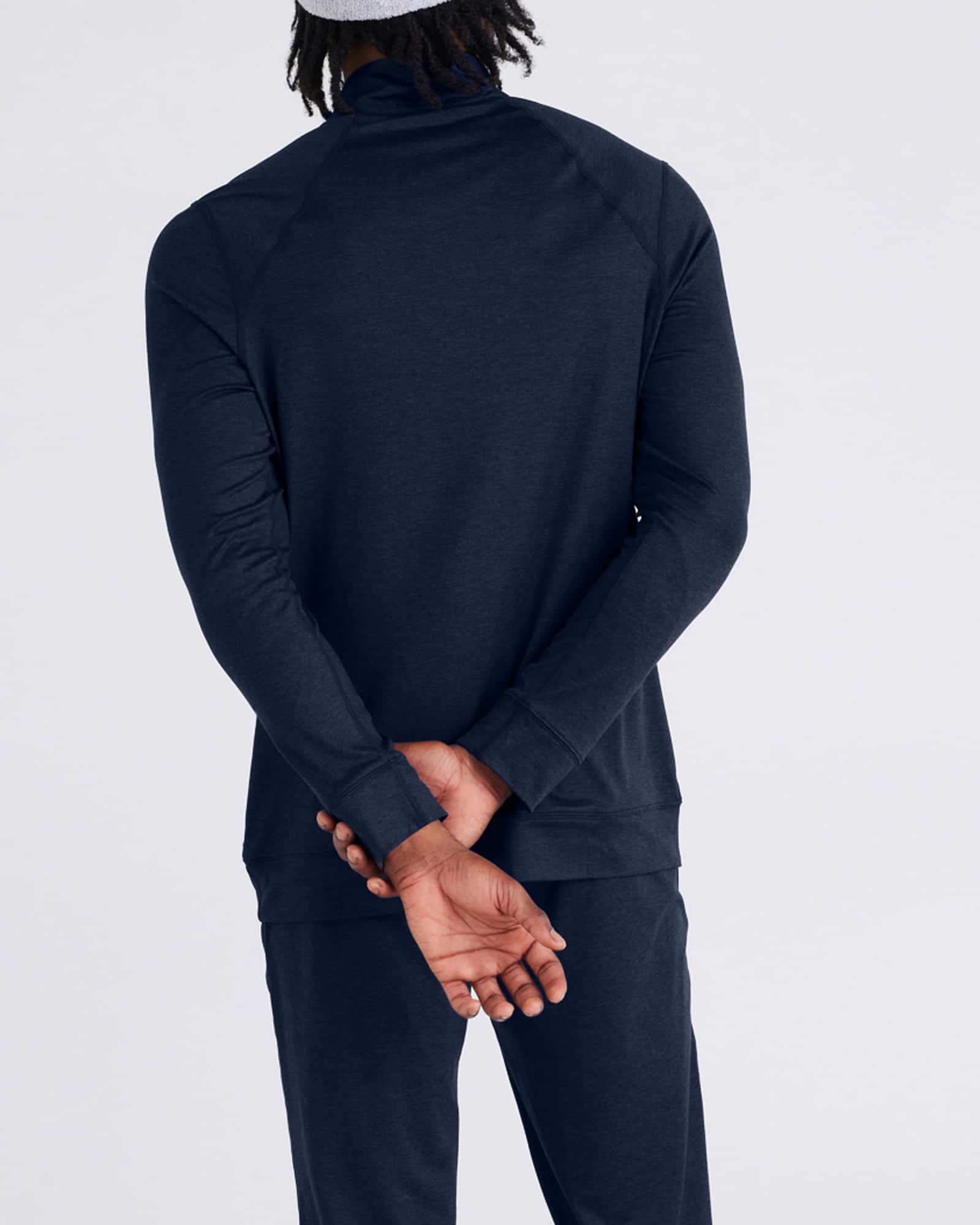 Back - Model wearing Peakdaze Half Zip in Maritime Heather