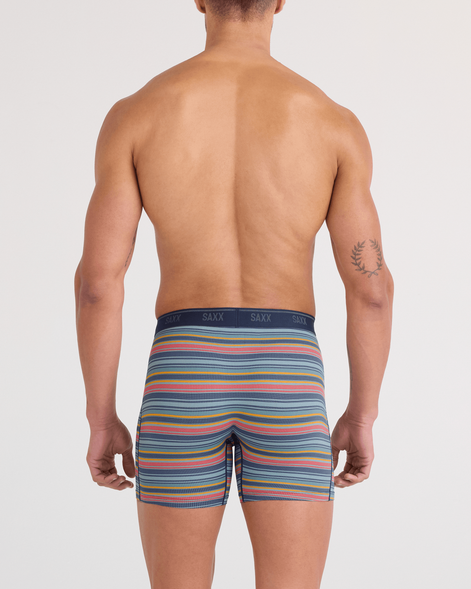 Back - Model wearing  Quest Quick-Dry Mesh Boxer Brief Fly 2 Pack in Harvest Stripe/Maritime