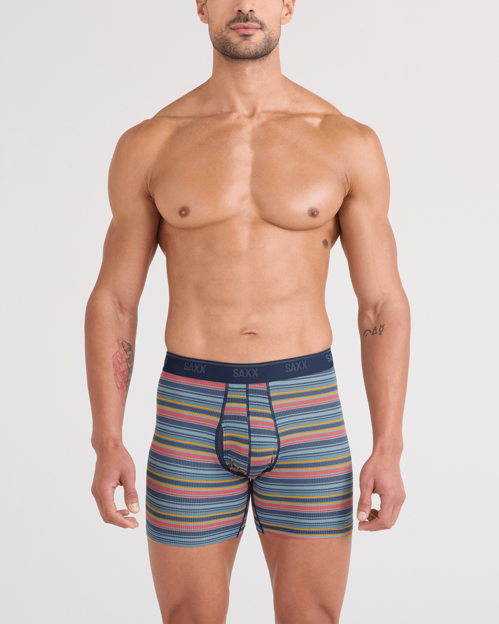 Front - Model wearing  Quest Quick-Dry Mesh Boxer Brief Fly 2 Pack in Harvest Stripe/Maritime