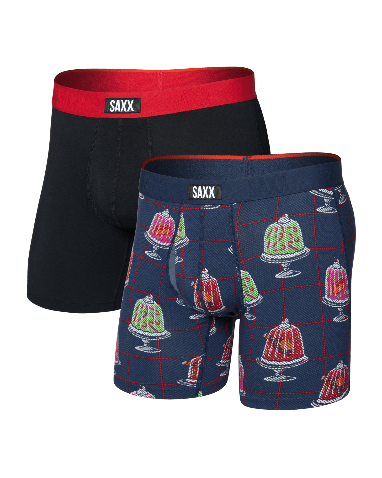 Front of  Vibe Xtra Soft Comfort Boxer Brief Fly 2 Pack in Jiggle Bells/Red Waistband