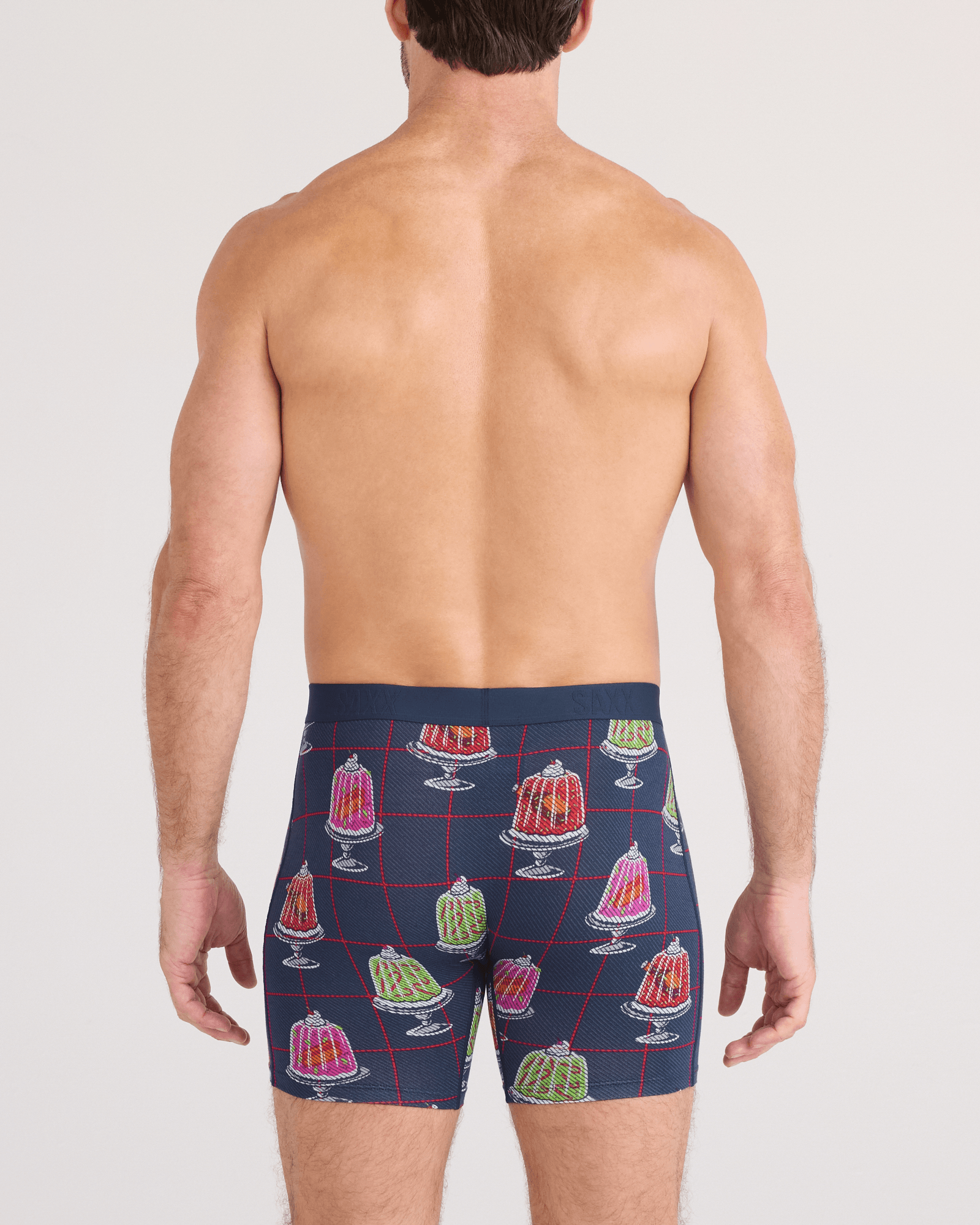 Back - Model wearing  Vibe Xtra Soft Comfort Boxer Brief Fly 2 Pack in Jiggle Bells/Red Waistband