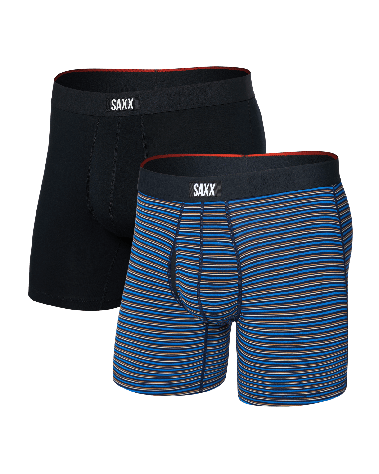 Front of  Vibe Xtra Soft Comfort Boxer Brief Fly 2 Pack in Railroad Stripe/Black