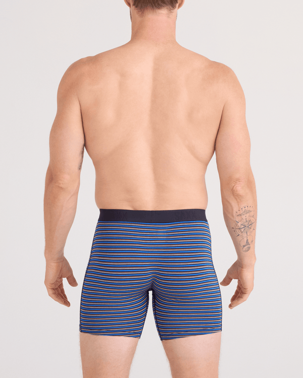 Back - Model wearing  Vibe Xtra Soft Comfort Boxer Brief Fly 2 Pack in Railroad Stripe/Black
