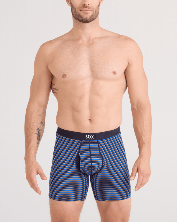Front - Model wearing  Vibe Xtra Soft Comfort Boxer Brief Fly 2 Pack in Railroad Stripe/Black