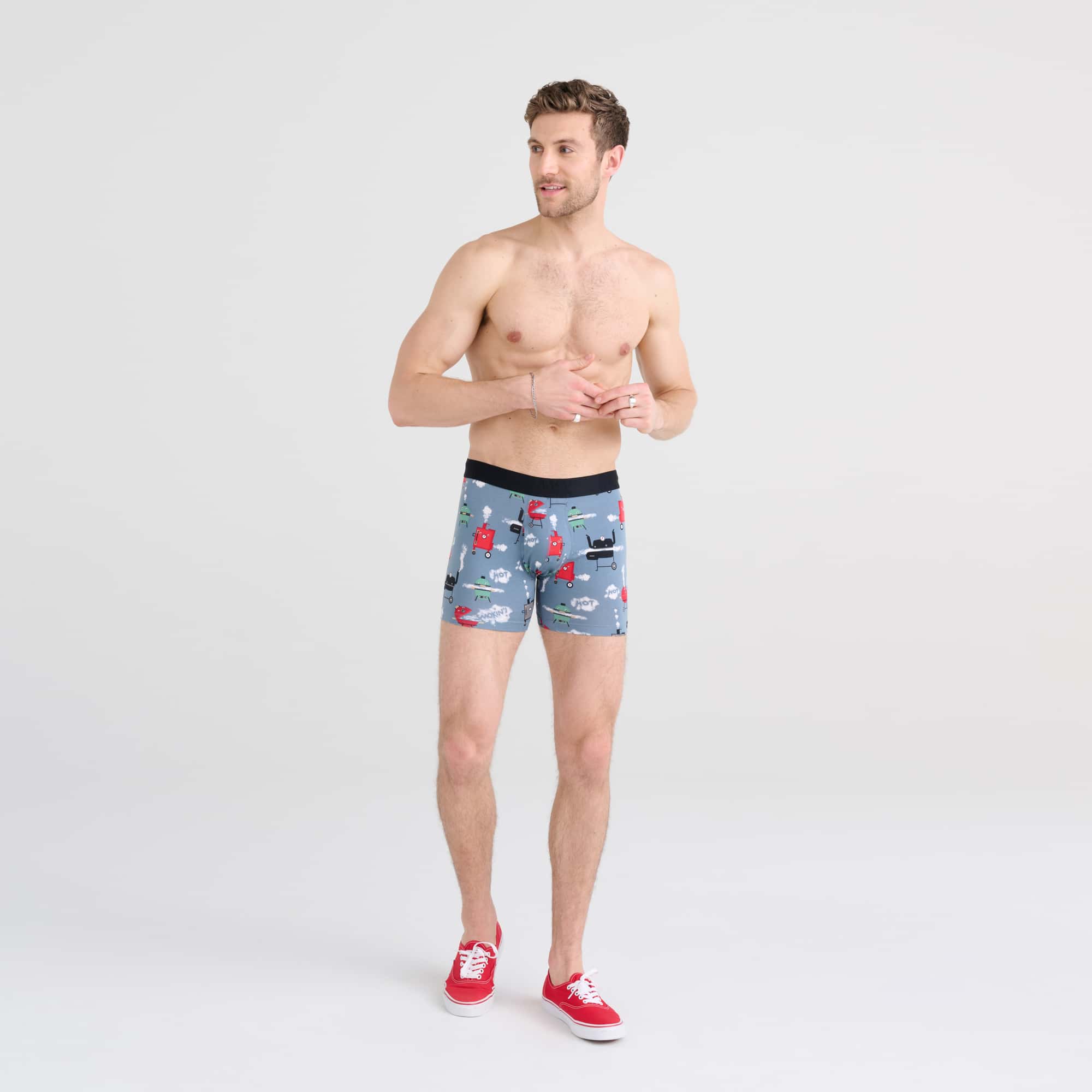 Front - Model wearing DropTemp Cooling Cotton 2-Pack Boxer Brief in Smokin' Hot/Black