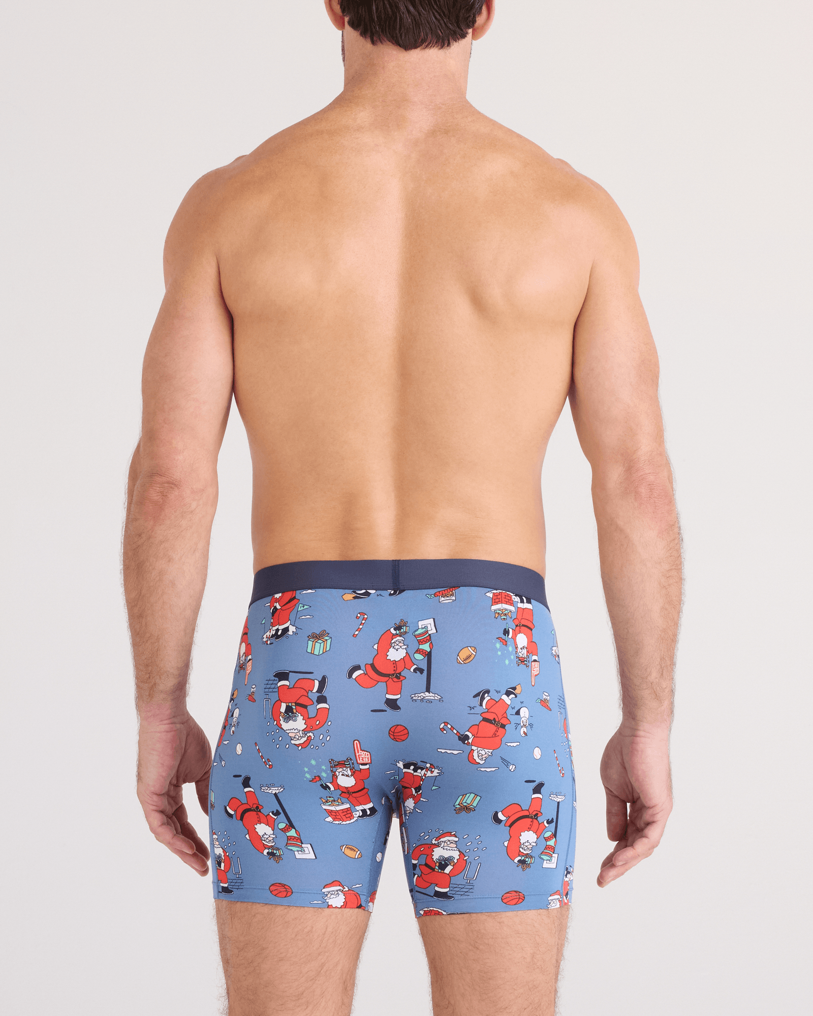 Back - Model wearing  Daytripper Comfort Stretch Boxer Brief Fly 3 Pack in Santathalon/Stripe/Navy
