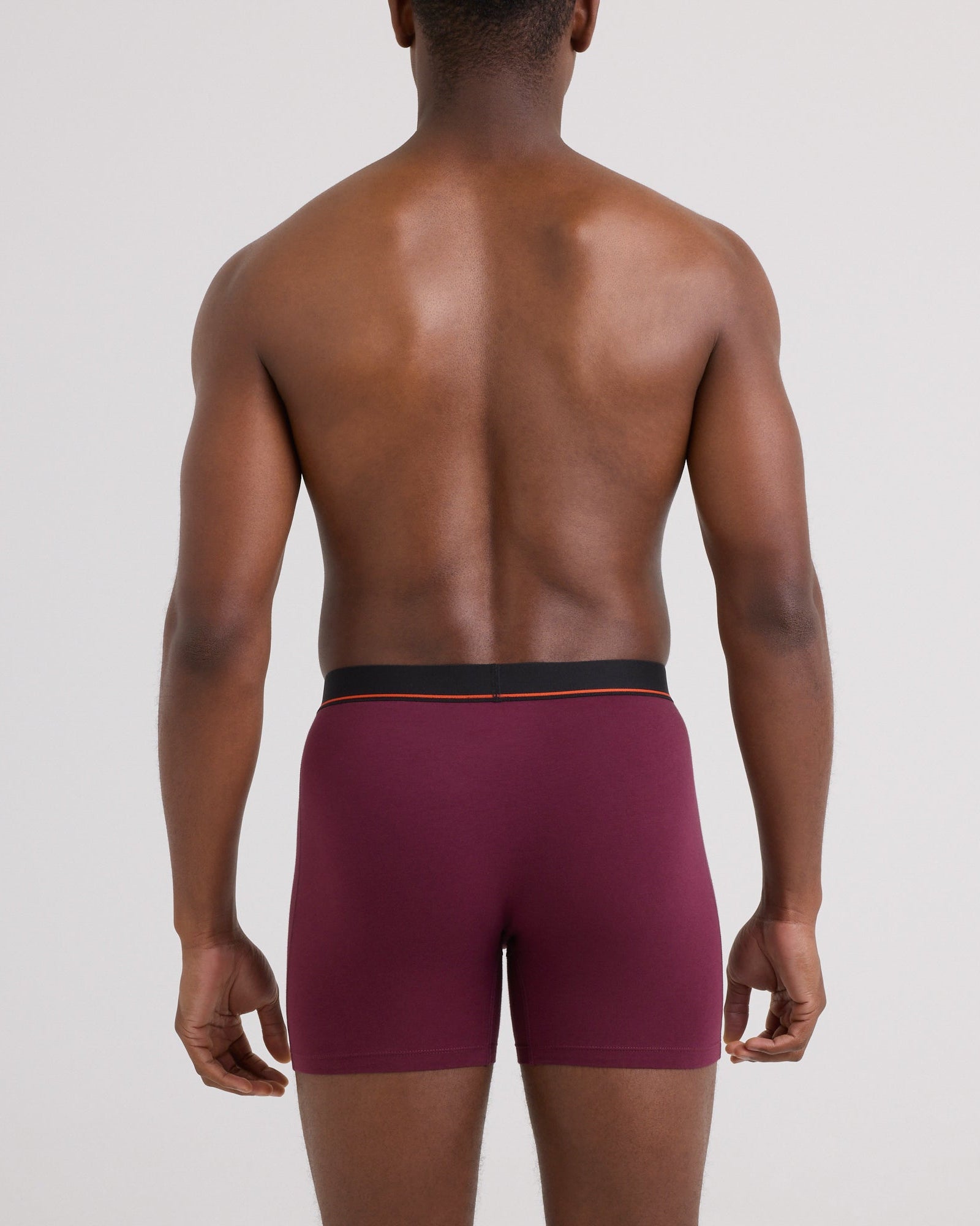 Back - Model wearing Non-Stop Stretch Cotton Boxer Brief 3 Pack in Maroon/Storm Blue/Ashley Blue