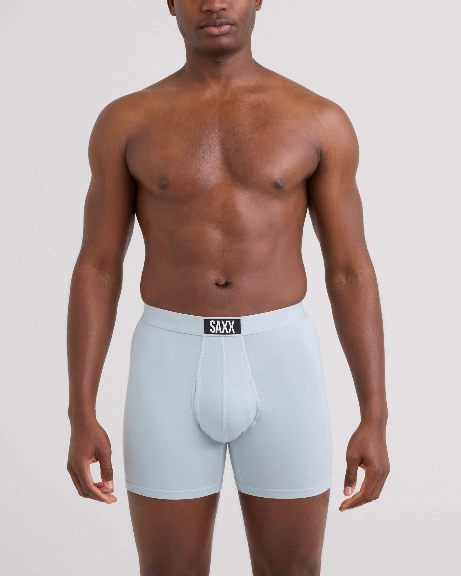 Front - Model wearing Ultra Super Soft Boxer Brief 3 Pack in Black/Pine Blue/Blue Fog