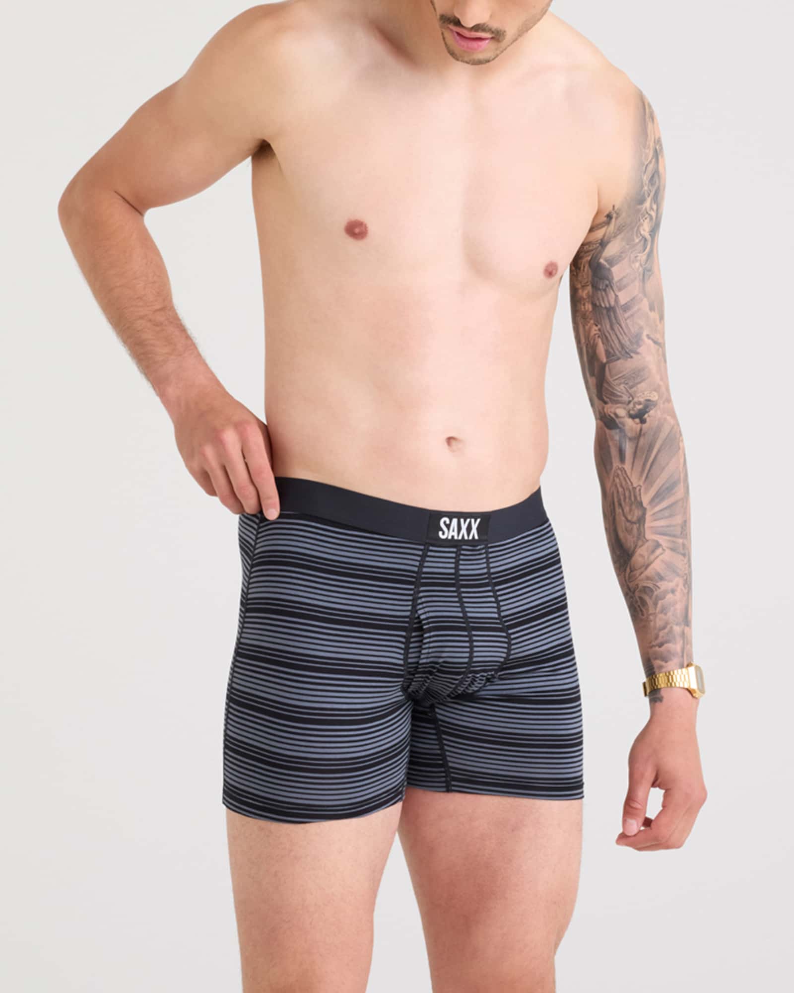 Front - Model wearing Ultra Super Soft Boxer Brief Fly 3 Pack in Shadow Stripe/Dark Grey/Black