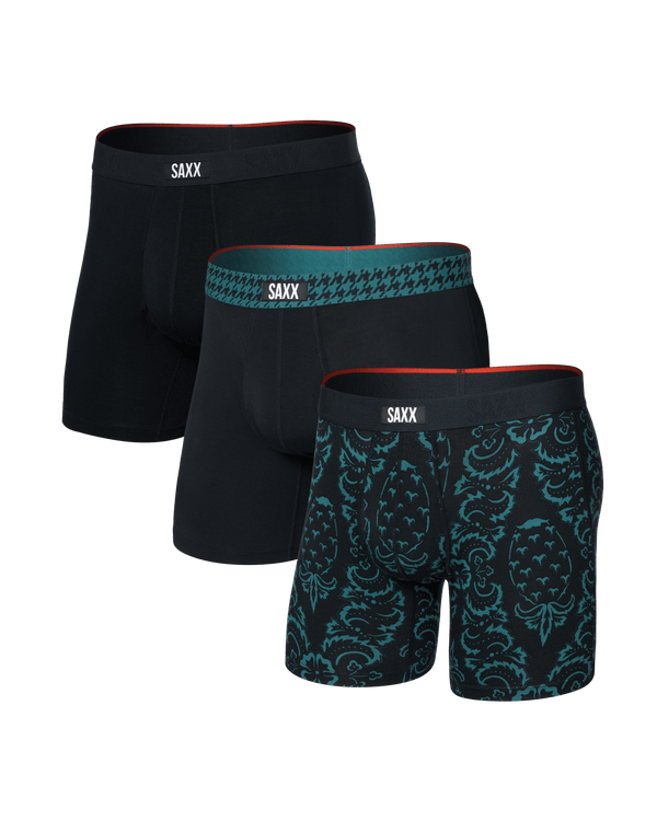 Front of  Vibe Xtra Soft Comfort Boxer Brief Fly 3 Pack in Pineapple/Houndstooth/Black