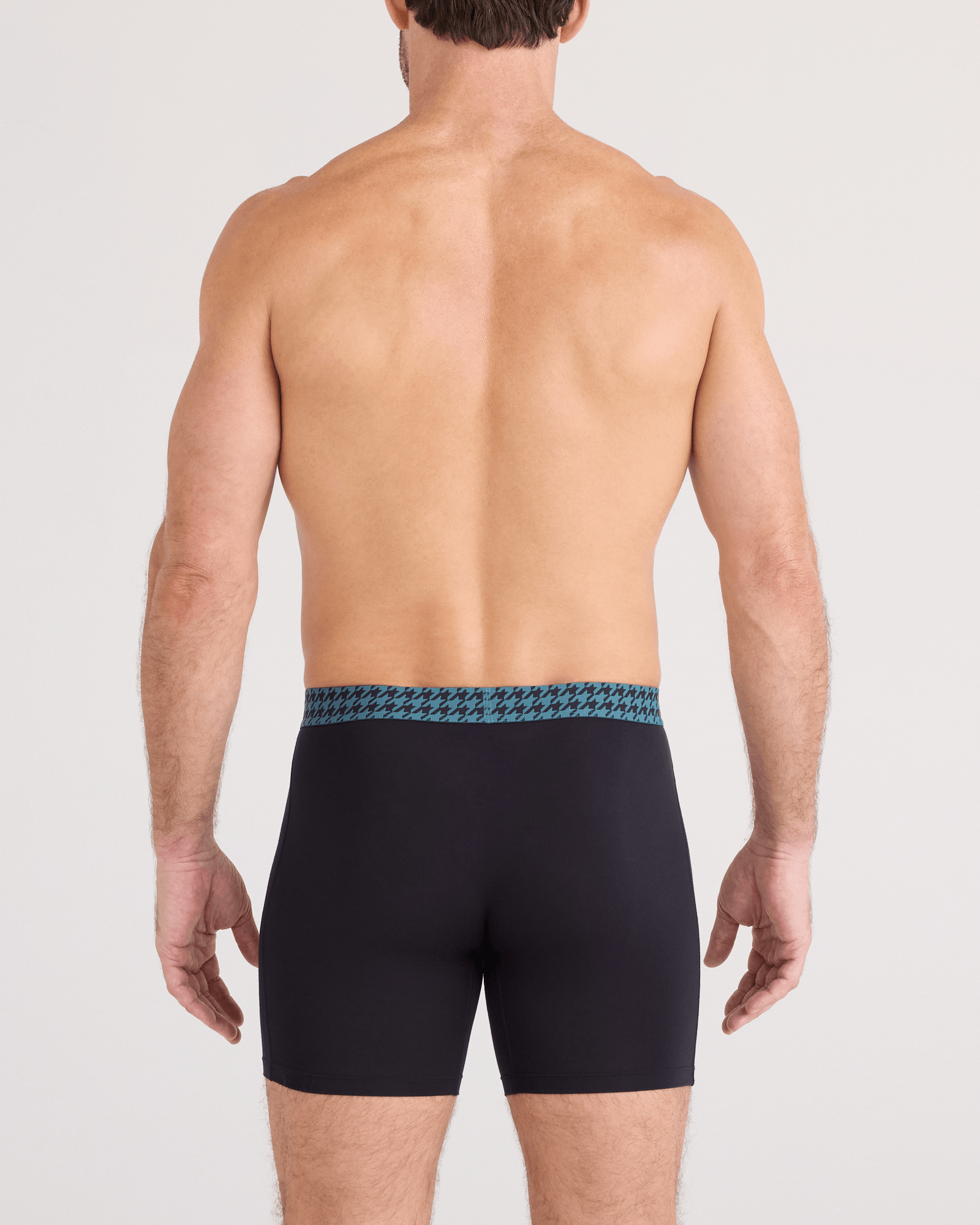 Back - Model wearing  Vibe Xtra Soft Comfort Boxer Brief Fly 3 Pack in Pineapple/Houndstooth/Black