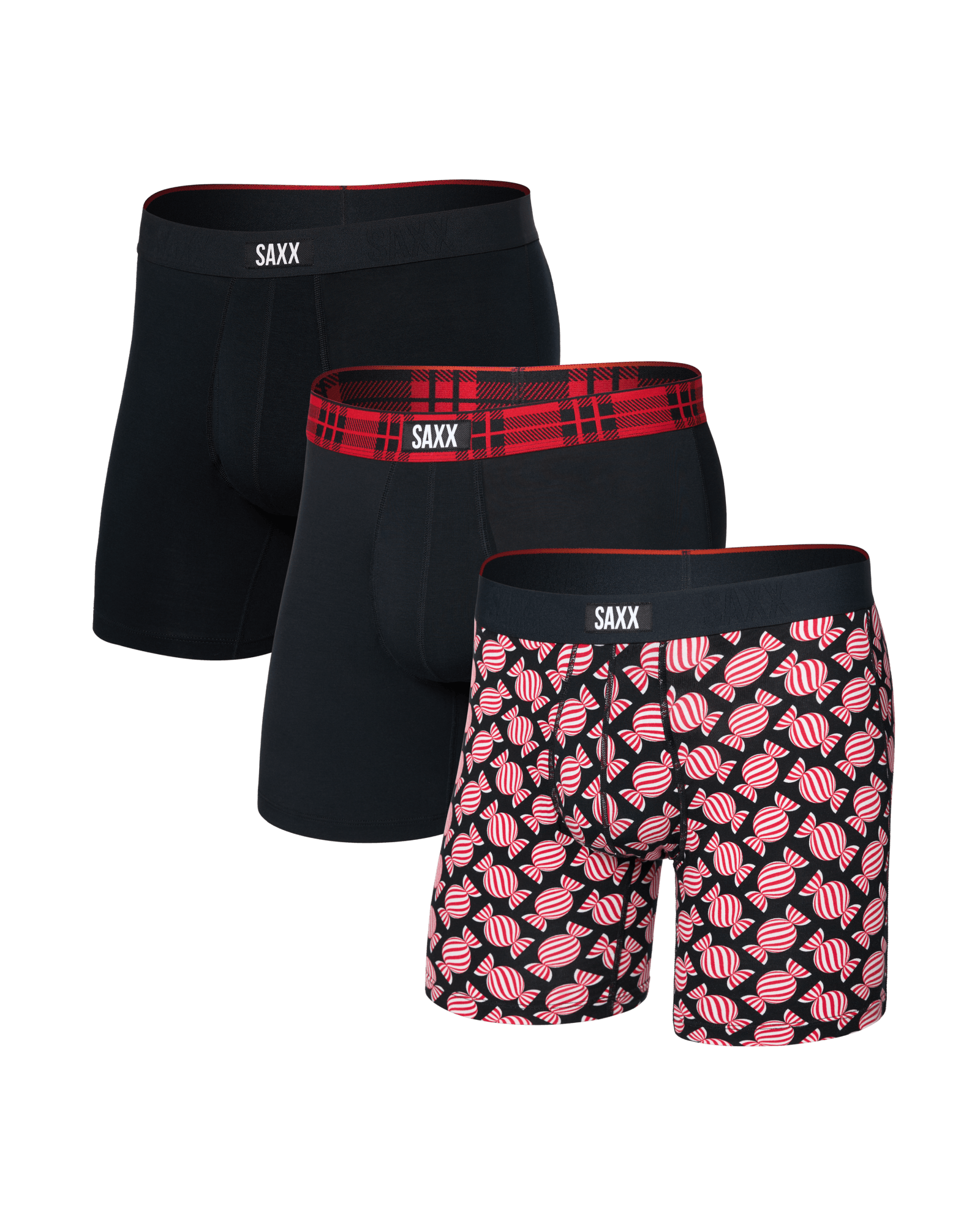 Front of  Vibe Xtra Soft Comfort Boxer Brief Fly 3 Pack in Sweet Stripe/Check Waistband/Black