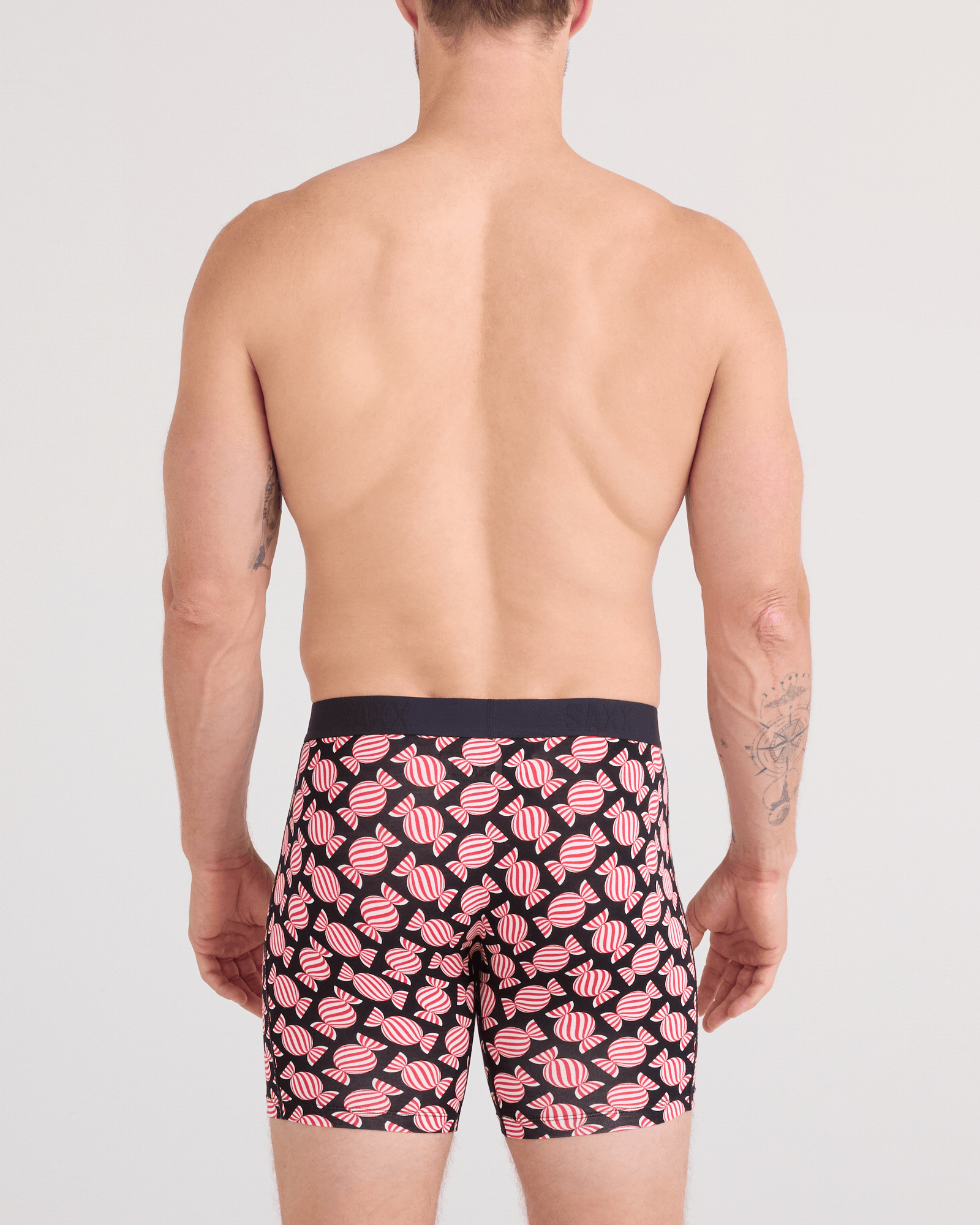 Back - Model wearing  Vibe Xtra Soft Comfort Boxer Brief Fly 3 Pack in Sweet Stripe/Check Waistband/Black
