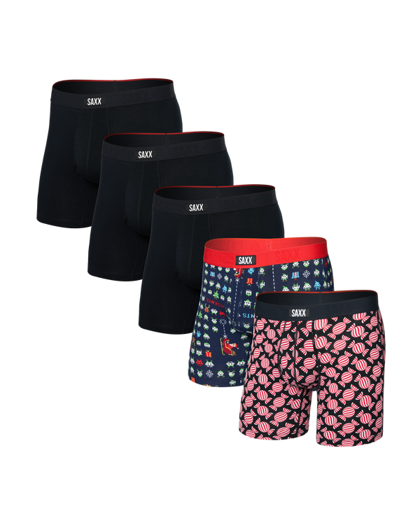 Front of Vibe Xtra Soft Comfort Boxer Brief Fly 5 Pack in Sweet/Sleigh Invaders/Black